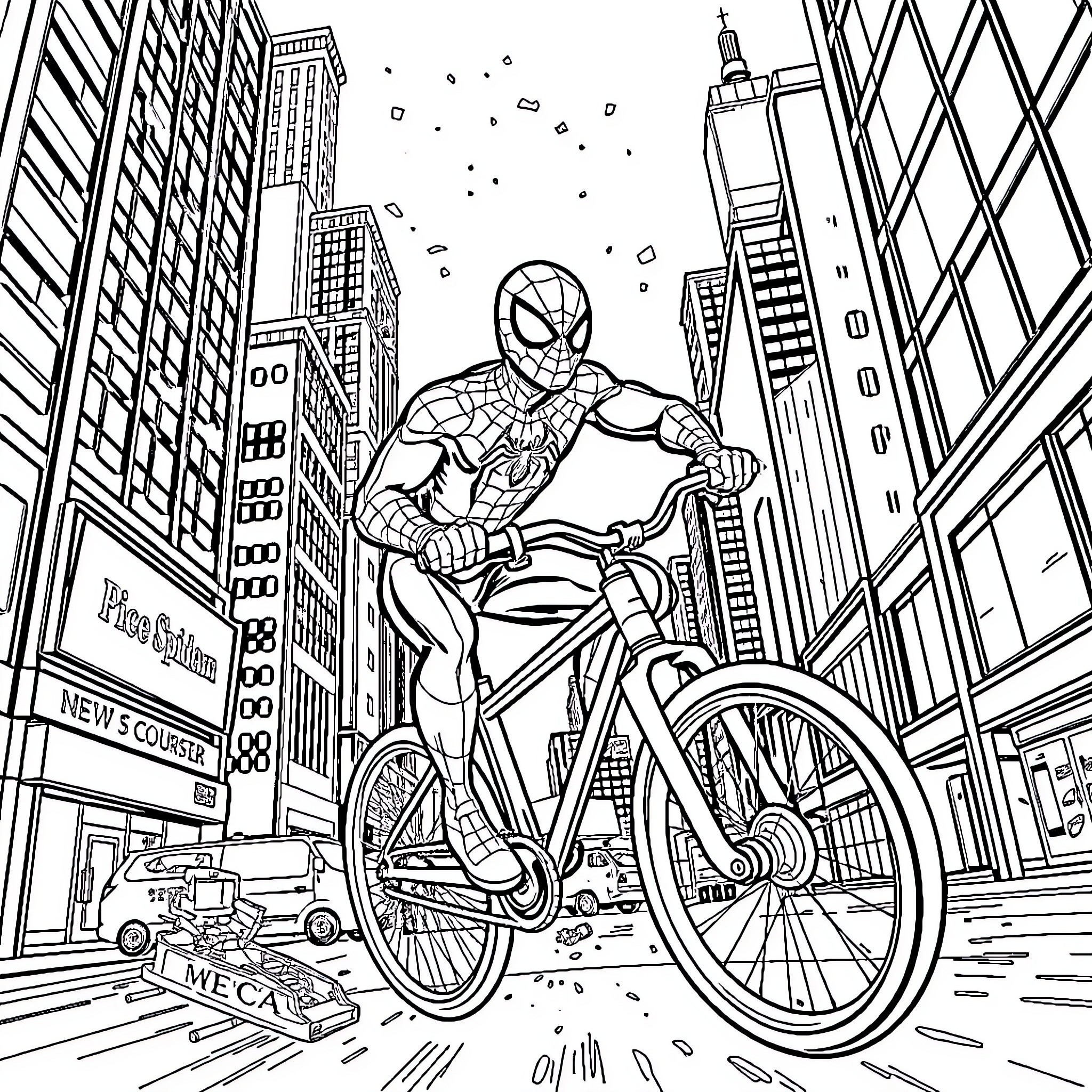 Spider-Man riding a bicycle through the city Coloring Page (free black-and-white line drawing printable PDF for all, from beginners to advanced learners, including children, teens, adults, and seniors)