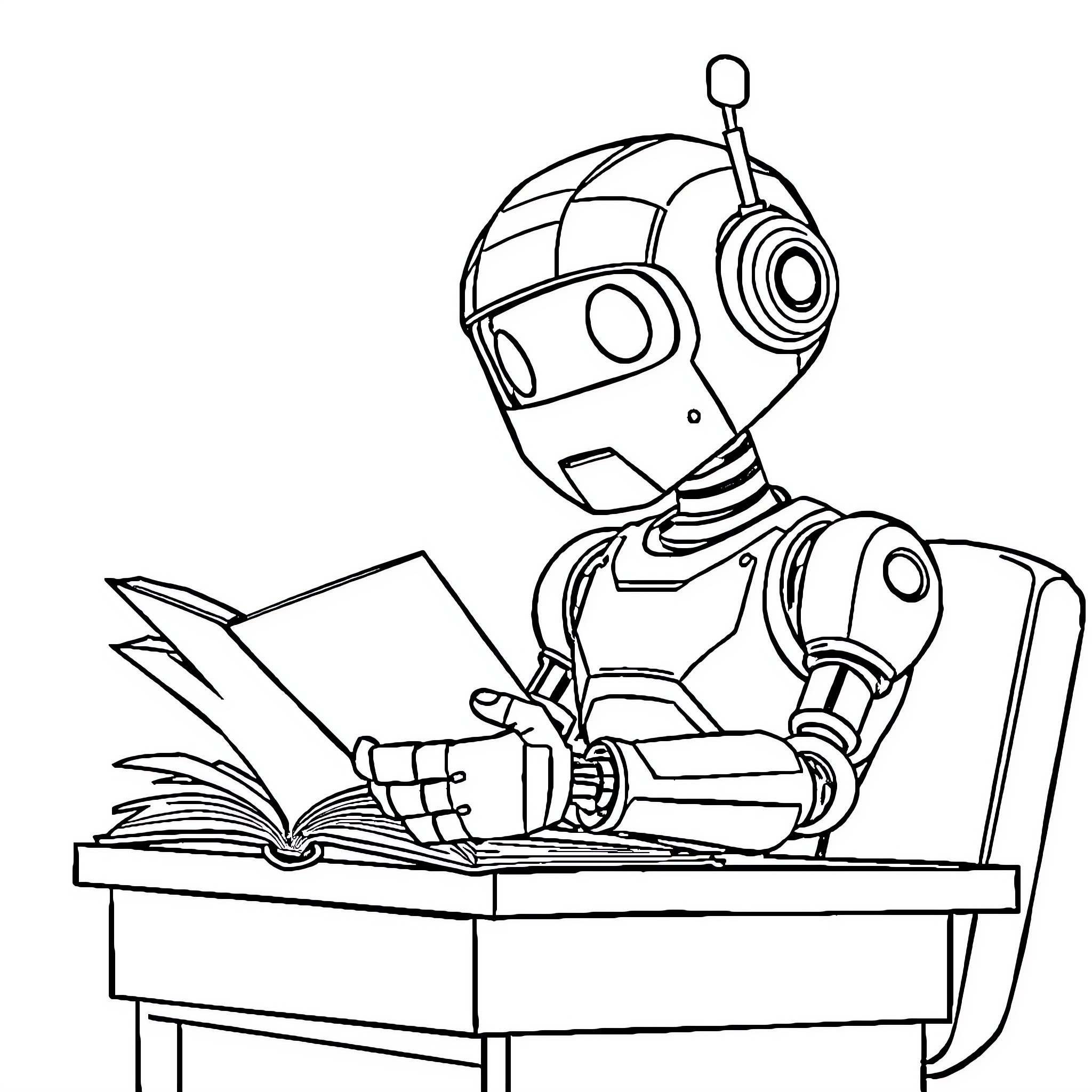 Robot reading a book on a desk Coloring Page (free black-and-white line drawing printable PDF for all, from beginners to advanced learners, including children, teens, adults, and seniors)