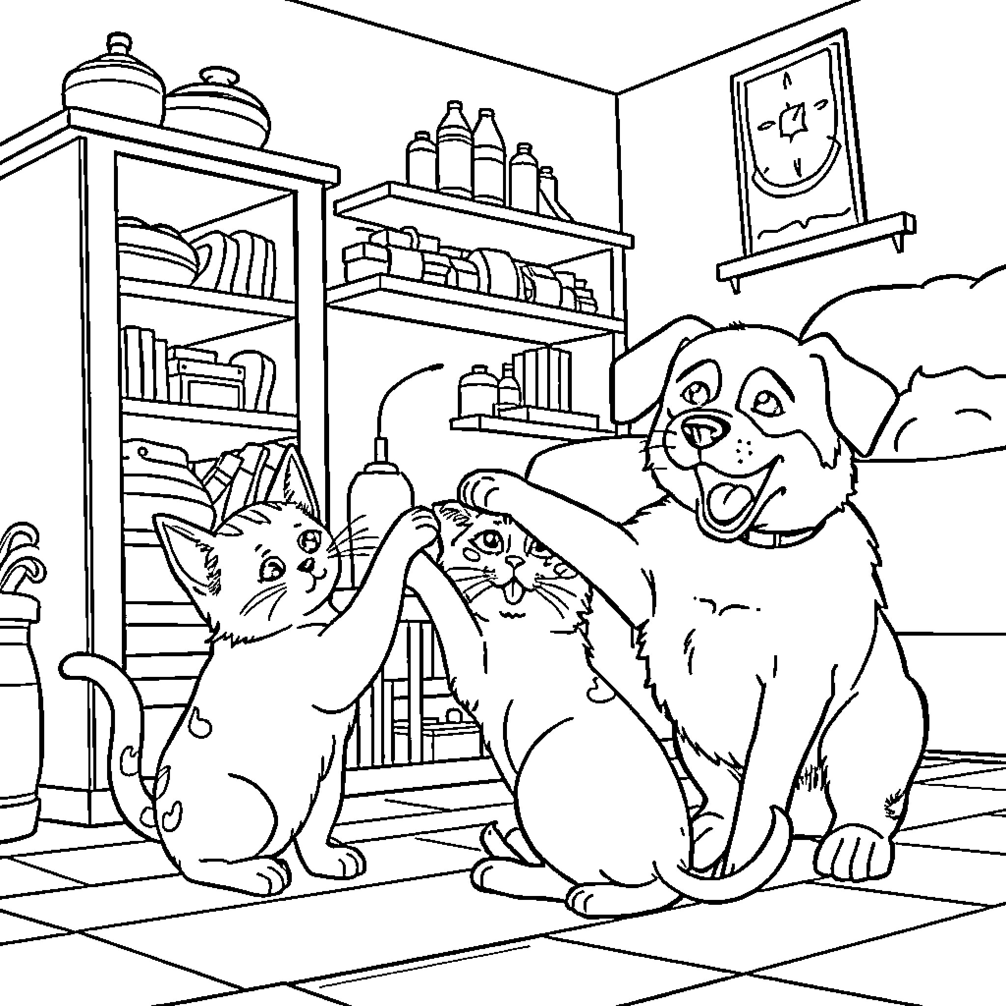 Domestic Animals Playing in the Cozy Home Coloring Page (free black-and-white line drawing printable PDF for all, from beginners to advanced learners, including children, teens, adults, and seniors)