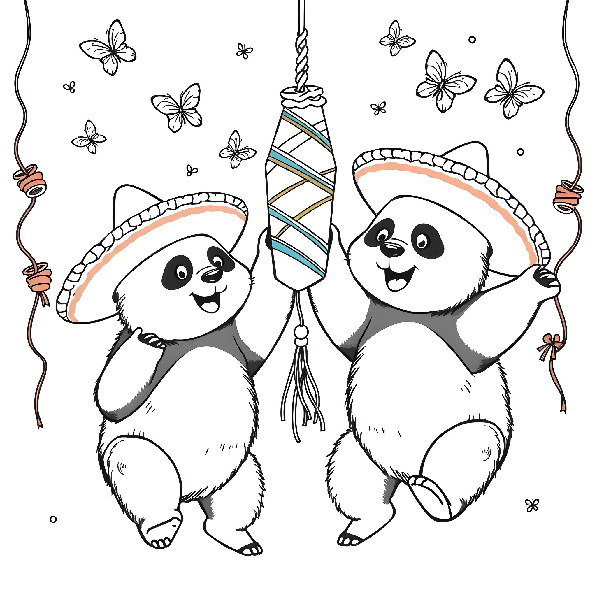 Panda friends celebrating with party decorations Coloring Page (free black-and-white line drawing printable PDF for all, from beginners to advanced learners, including children, teens, adults, and seniors)