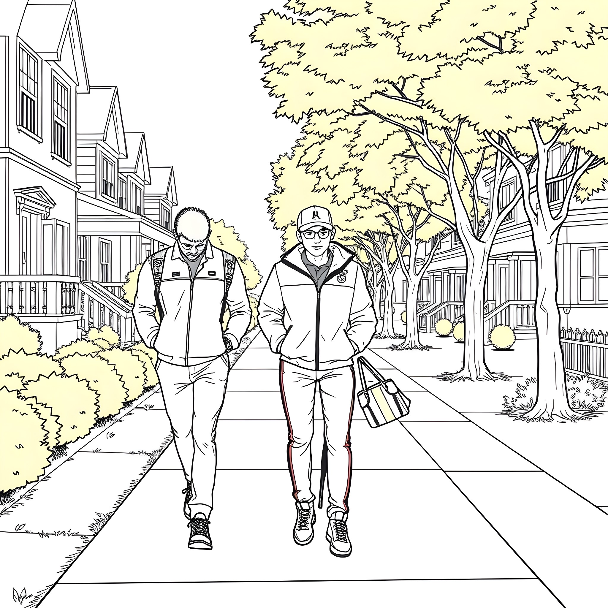Teen friends walking together on a suburban street Coloring Page (free black-and-white line drawing printable PDF for all, from beginners to advanced learners, including children, teens, adults, and seniors)
