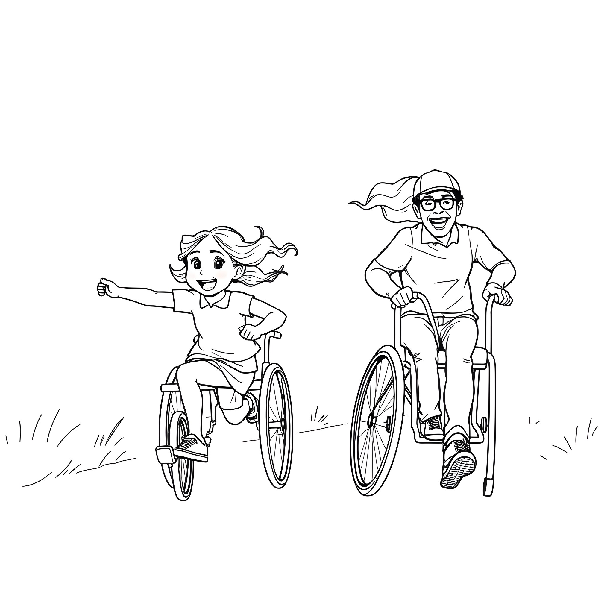 Family enjoying outdoor bike ride together Coloring Page (free black-and-white line drawing printable PDF for all, from beginners to advanced learners, including children, teens, adults, and seniors)