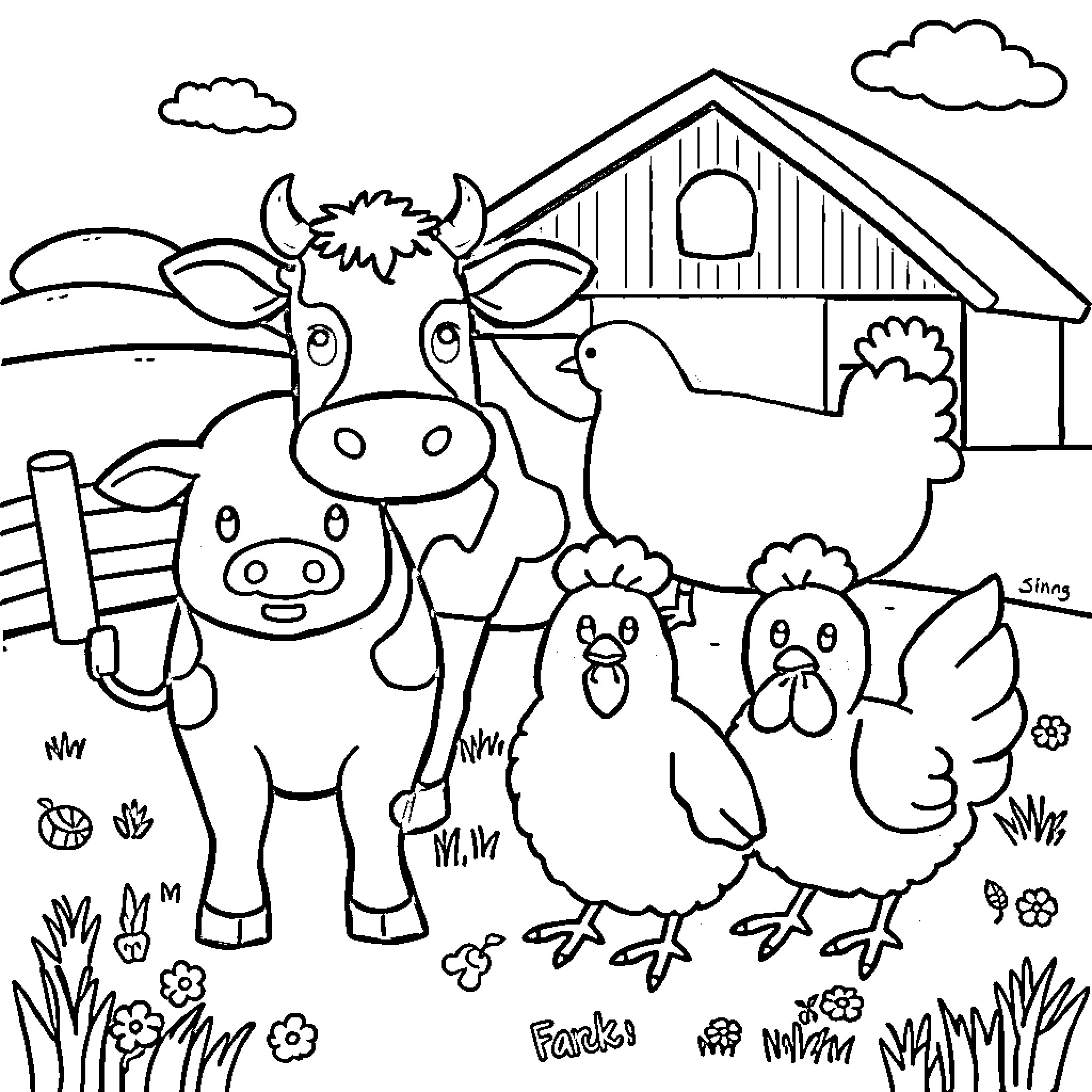 Farm Animal Gathering Happily on the Farm Coloring Page (free black-and-white line drawing printable PDF for all, from beginners to advanced learners, including children, teens, adults, and seniors)