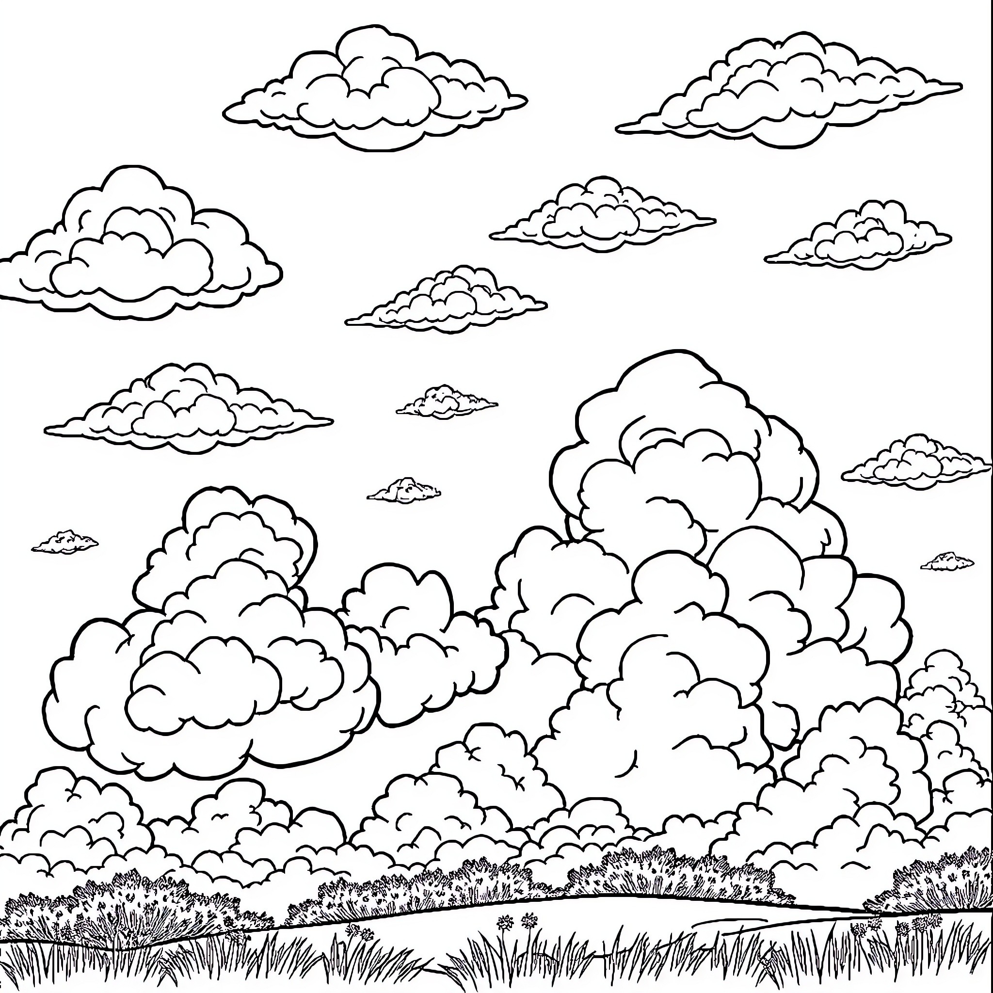Cloud formations in a natural landscape Coloring Page (free black-and-white line drawing printable PDF for all, from beginners to advanced learners, including children, teens, adults, and seniors)