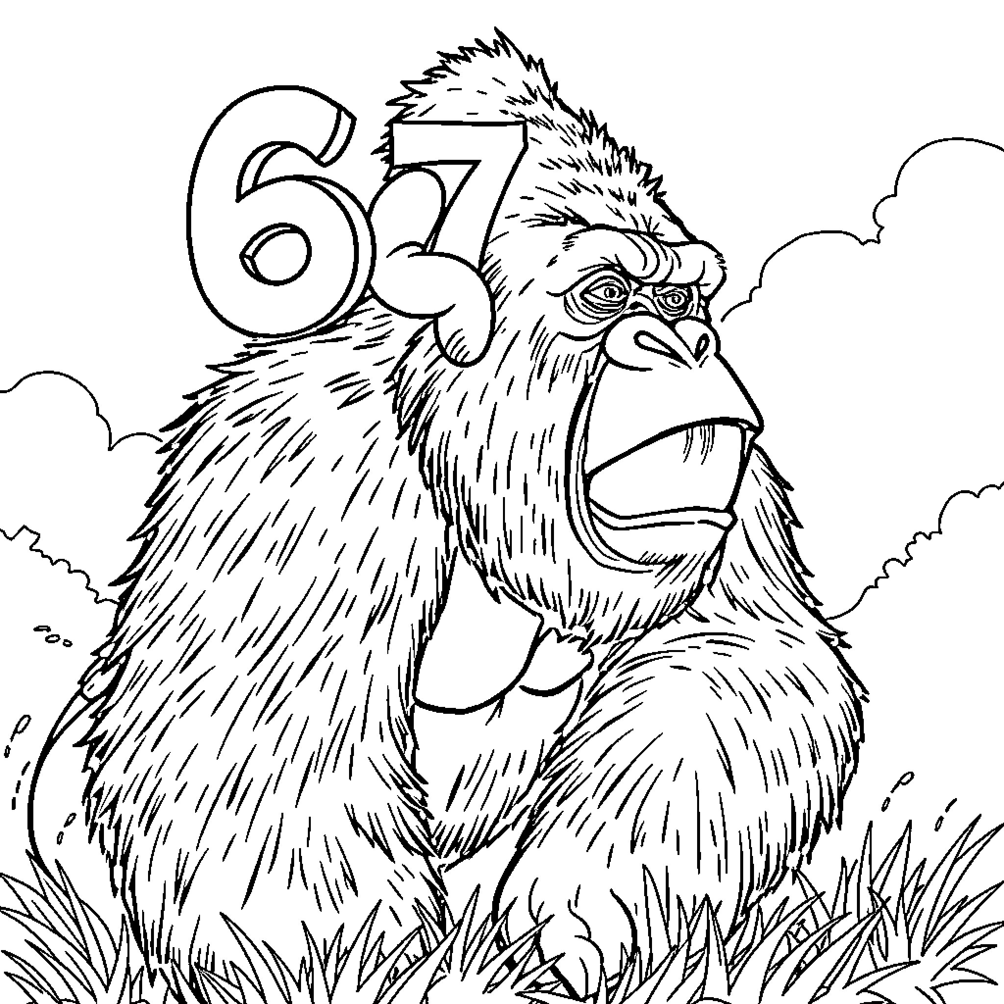 Gorilla with Expressive Face and Bold Number Coloring Page (free black-and-white line drawing printable PDF for all, from beginners to advanced learners, including children, teens, adults, and seniors)