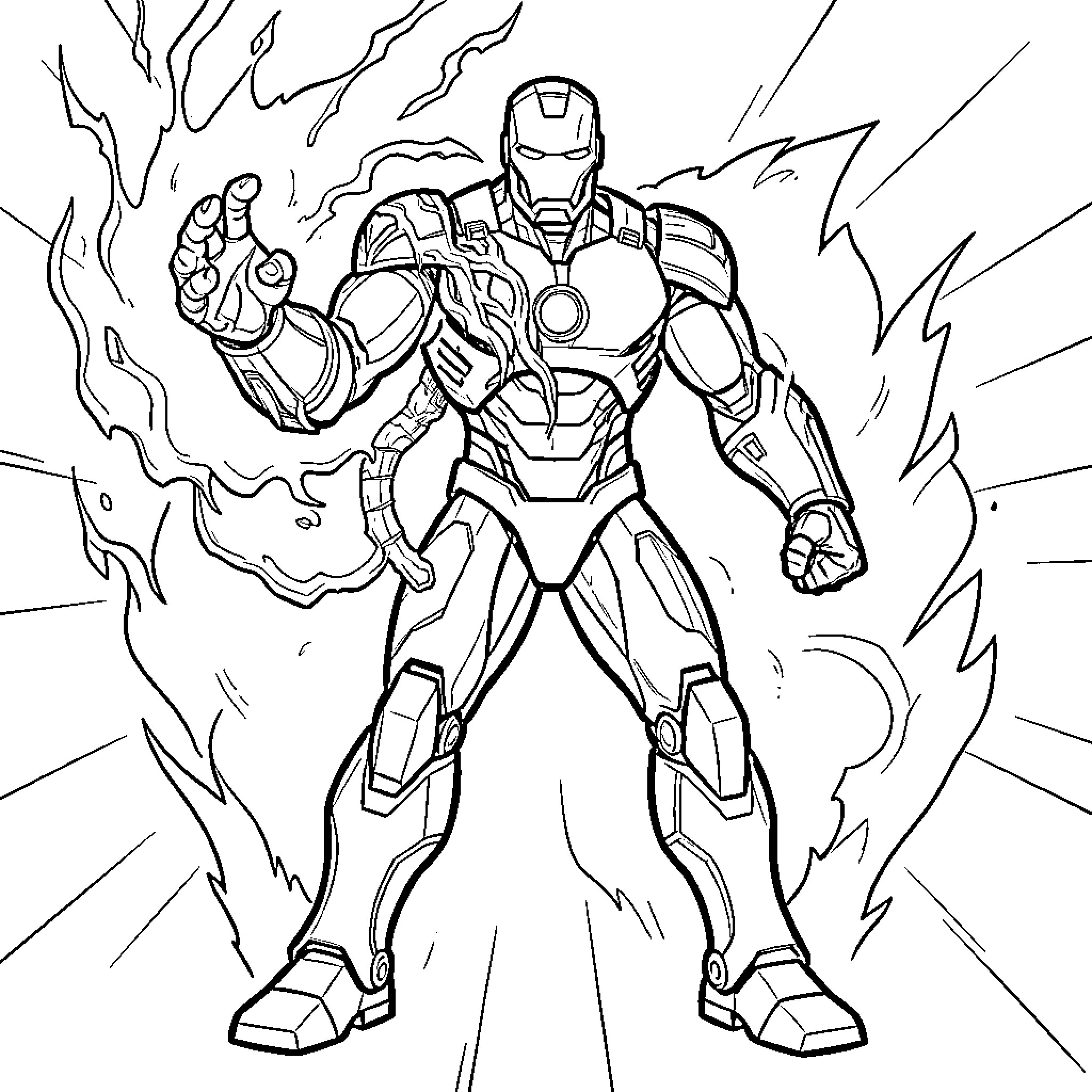 Ironman in action with glowing powers Coloring Page (free black-and-white line drawing printable PDF for all, from beginners to advanced learners, including children, teens, adults, and seniors)