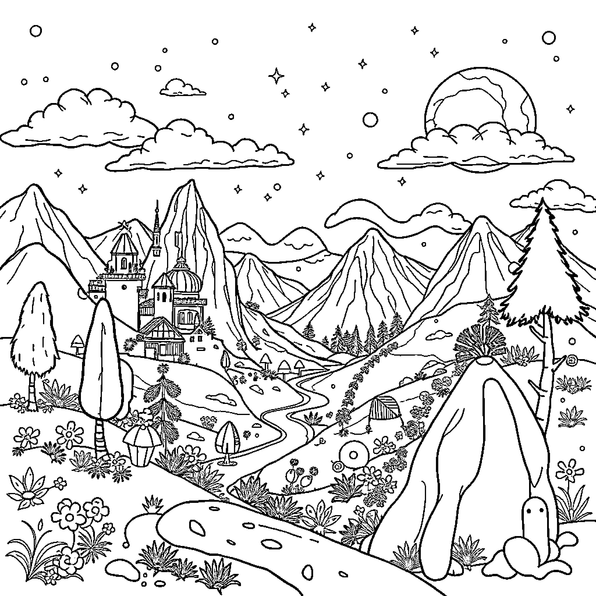 Dandy Fairy Tale Landscape with Castle and Mountains Coloring Page (free black-and-white line drawing printable PDF for all, from beginners to advanced learners, including children, teens, adults, and seniors)