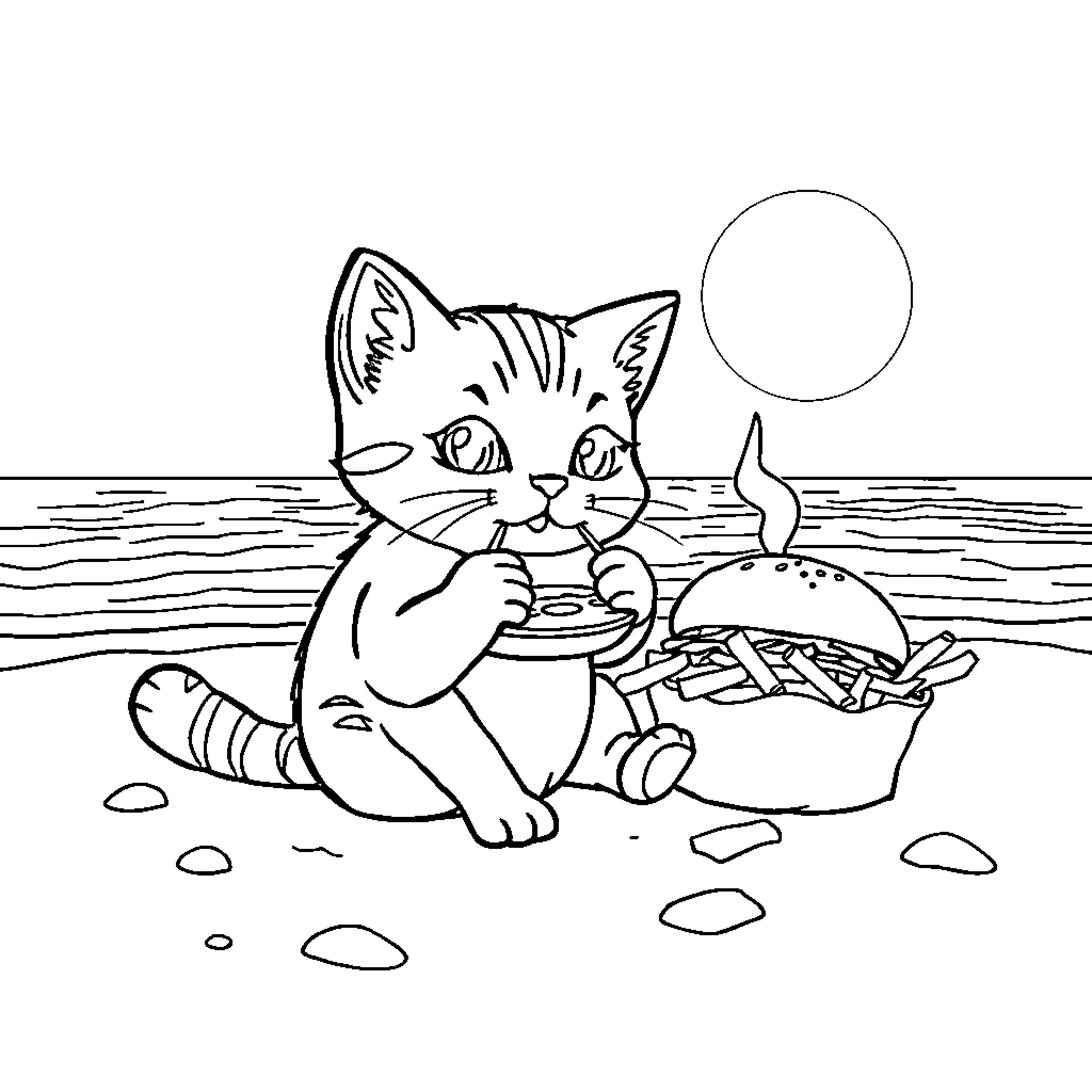 Kitten enjoying a seaside picnic Coloring Page (free black-and-white line drawing printable PDF for all, from beginners to advanced learners, including children, teens, adults, and seniors)