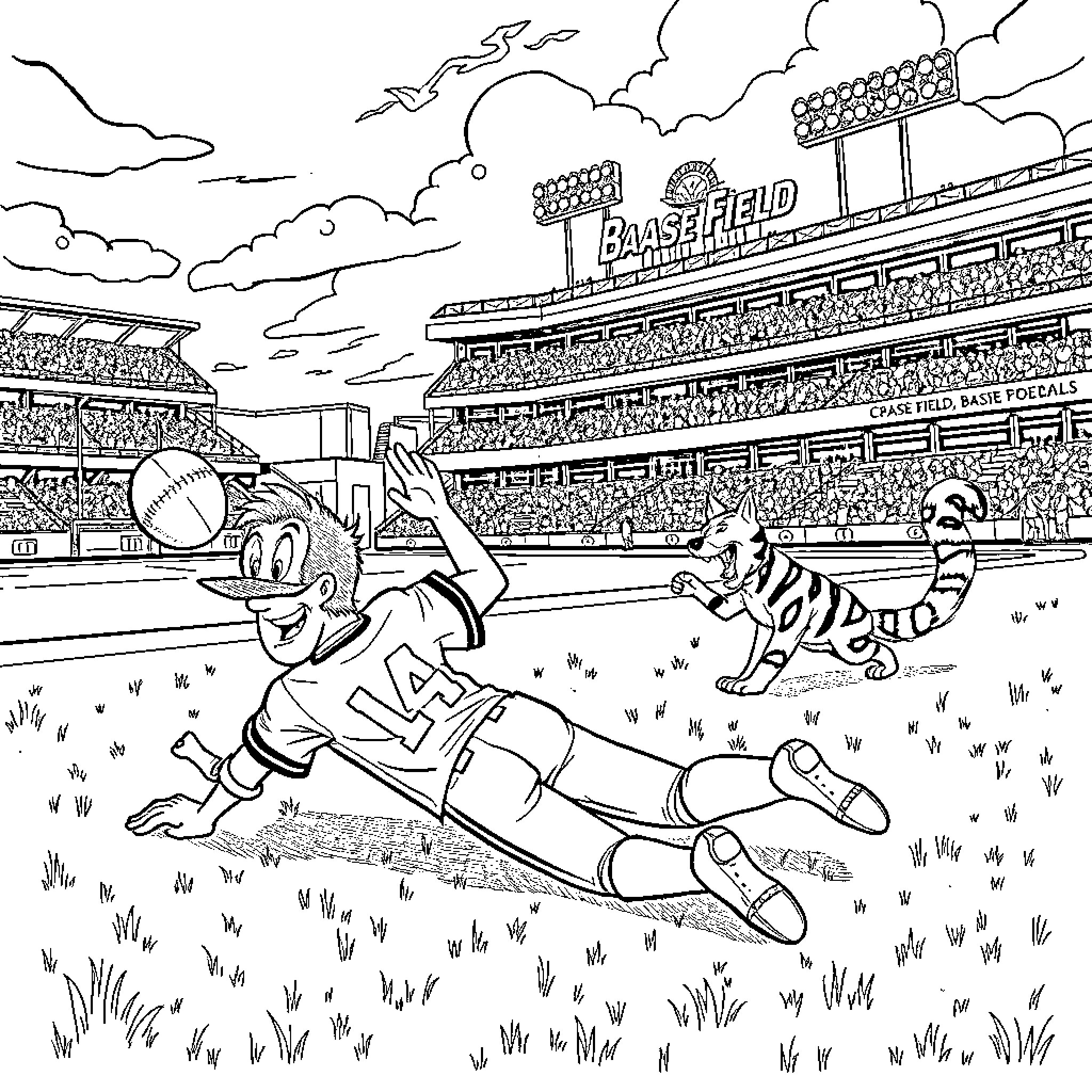 Corbin Carroll sliding into home plate at the baseball stadium Coloring Page (free black-and-white line drawing printable PDF for all, from beginners to advanced learners, including children, teens, adults, and seniors)
