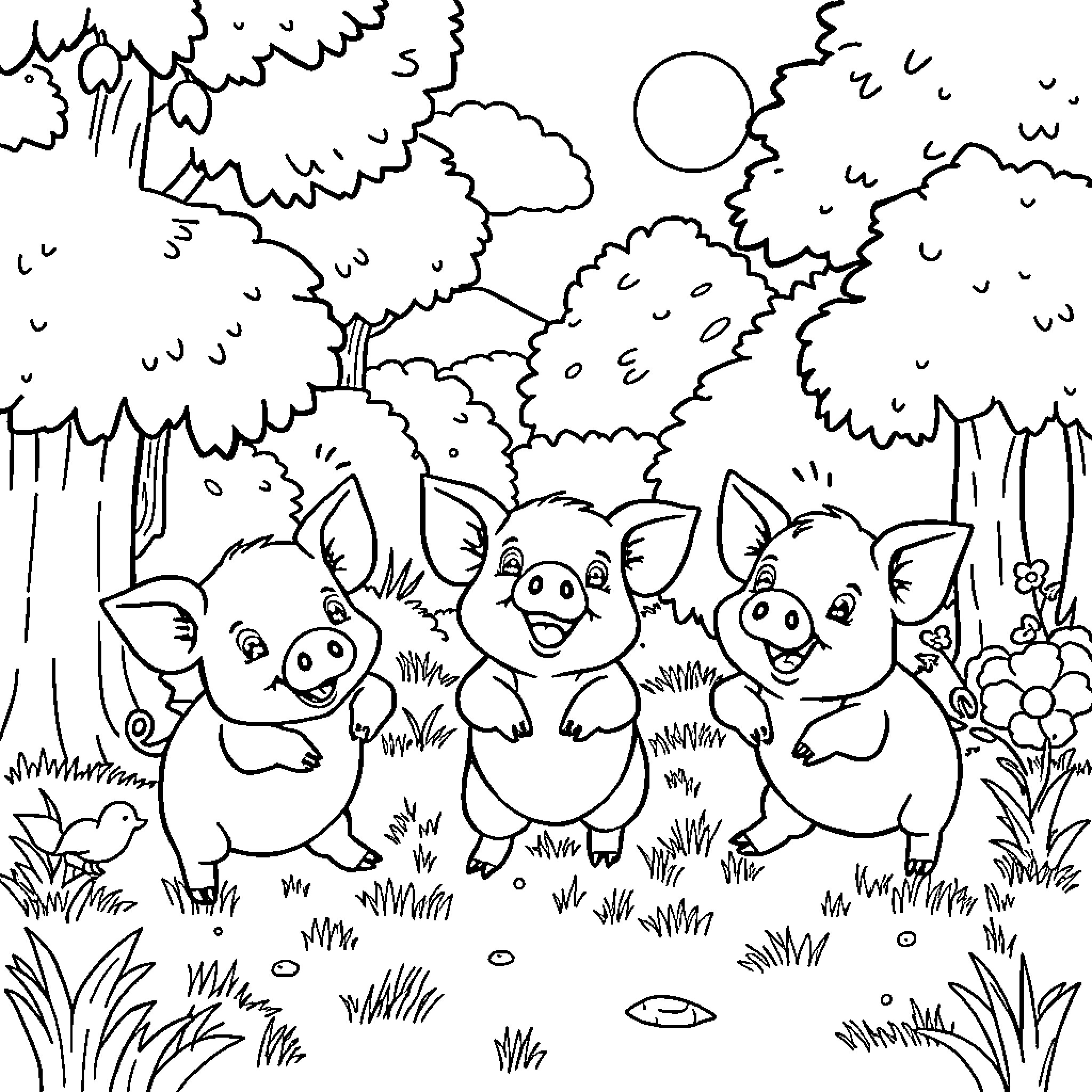 Pigs playing joyfully in a lush landscape Coloring Page (free black-and-white line drawing printable PDF for all, from beginners to advanced learners, including children, teens, adults, and seniors)
