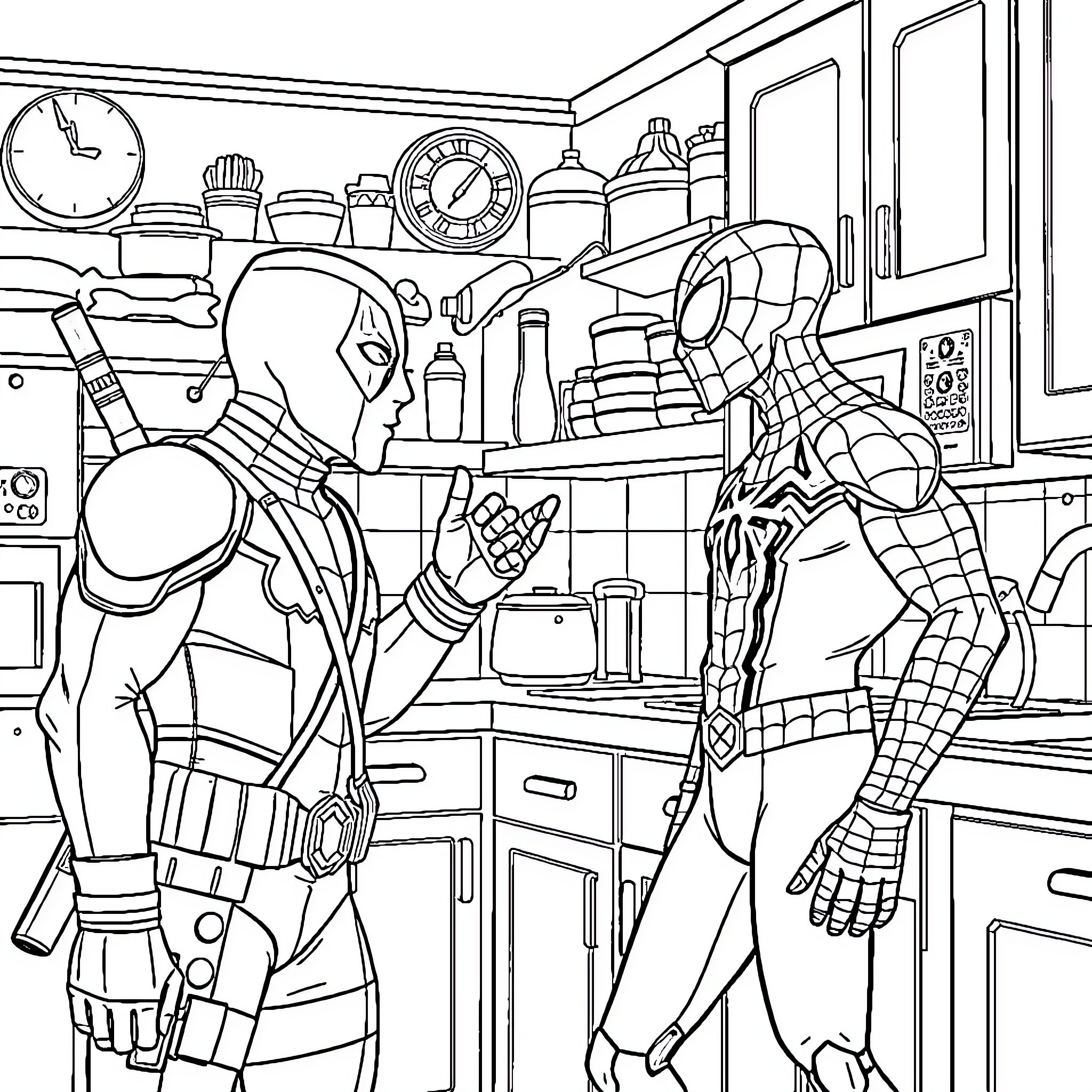 Deadpool and Spider-Man team up in a quirky kitchen scene Coloring Page (free black-and-white line drawing printable PDF for all, from beginners to advanced learners, including children, teens, adults, and seniors)