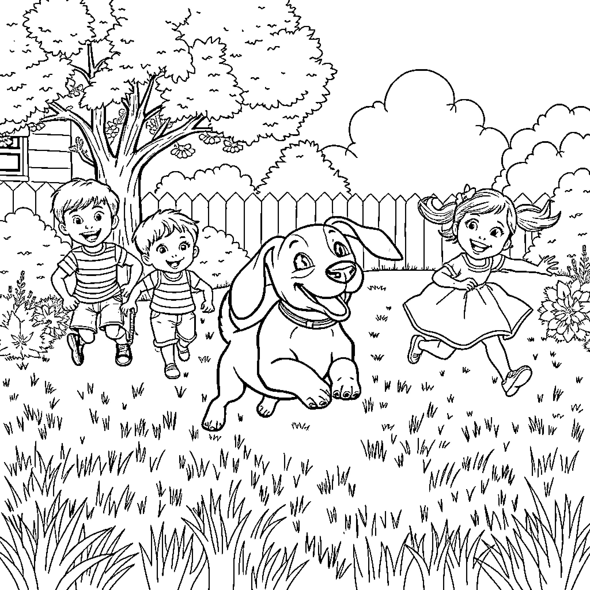 Dog playing with children in a backyard Coloring Page (free black-and-white line drawing printable PDF for all, from beginners to advanced learners, including children, teens, adults, and seniors)