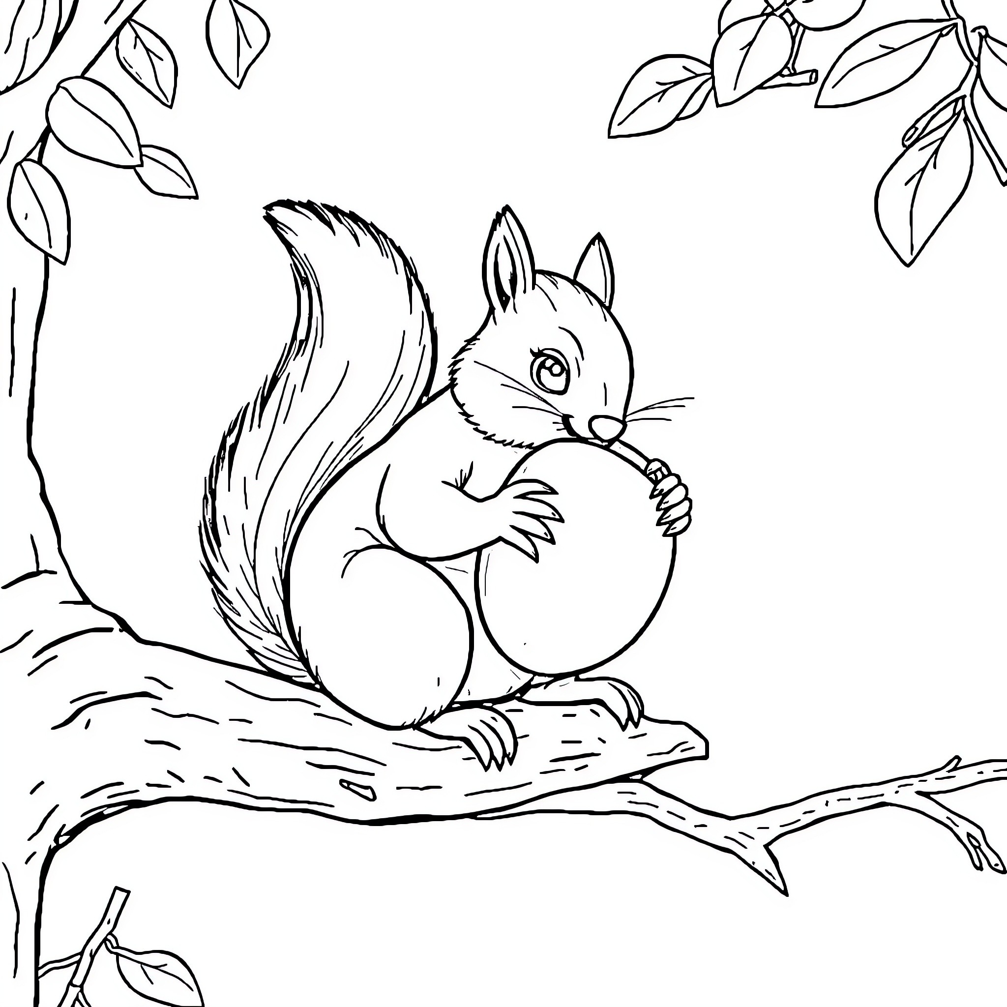 Squirrel enjoying a snack in the forest Coloring Page (free black-and-white line drawing printable PDF for all, from beginners to advanced learners, including children, teens, adults, and seniors)