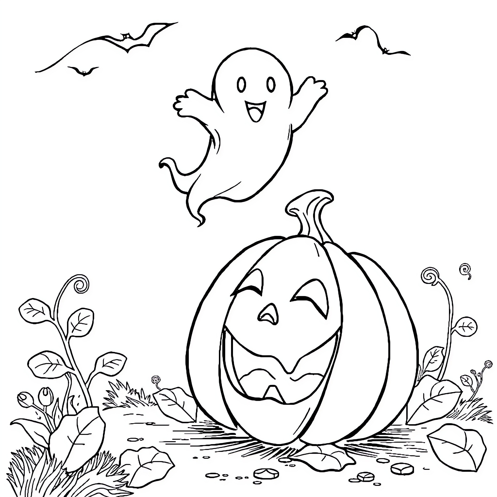 Pumpkin Patch with Playful Ghost and Bats Coloring Page (free black-and-white line drawing printable PDF for all, from beginners to advanced learners, including children, teens, adults, and seniors)