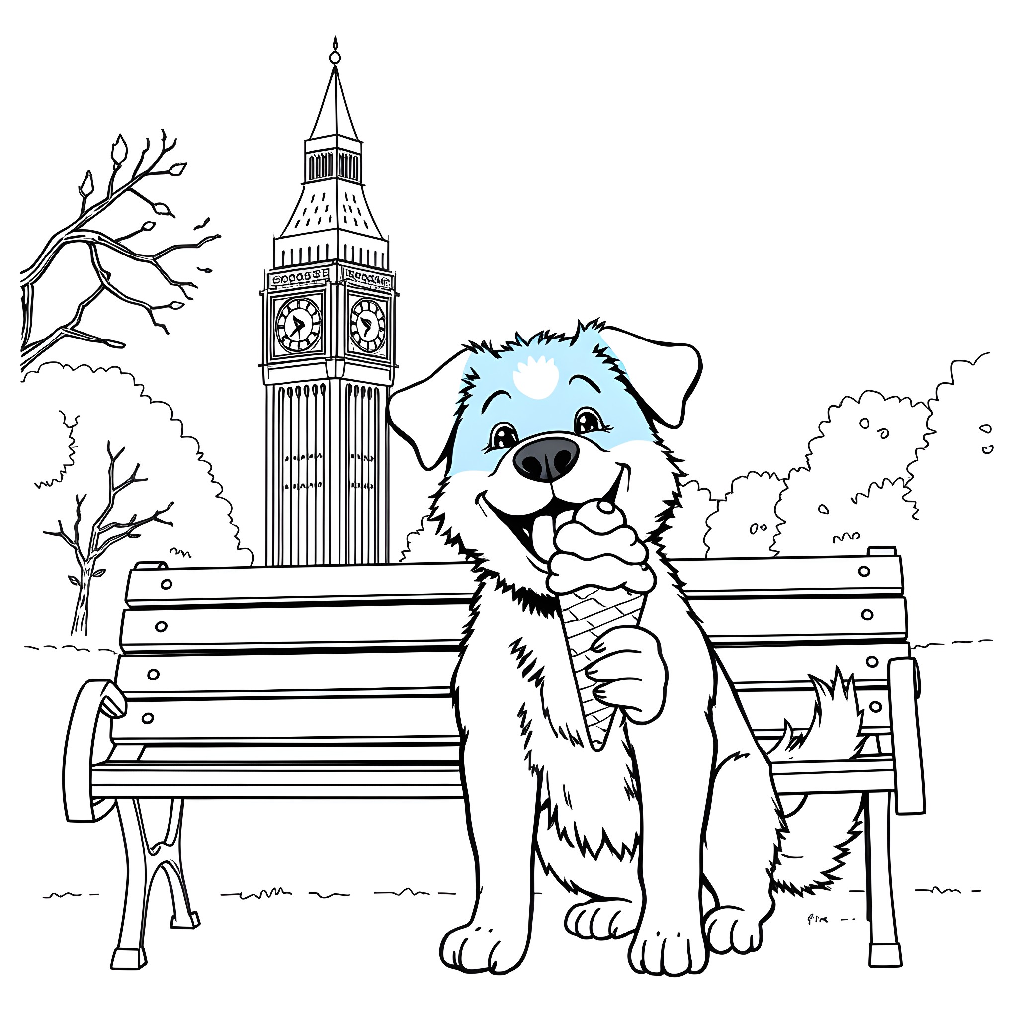 Bluey enjoying ice cream near Big Ben Coloring Page (free black-and-white line drawing printable PDF for all, from beginners to advanced learners, including children, teens, adults, and seniors)