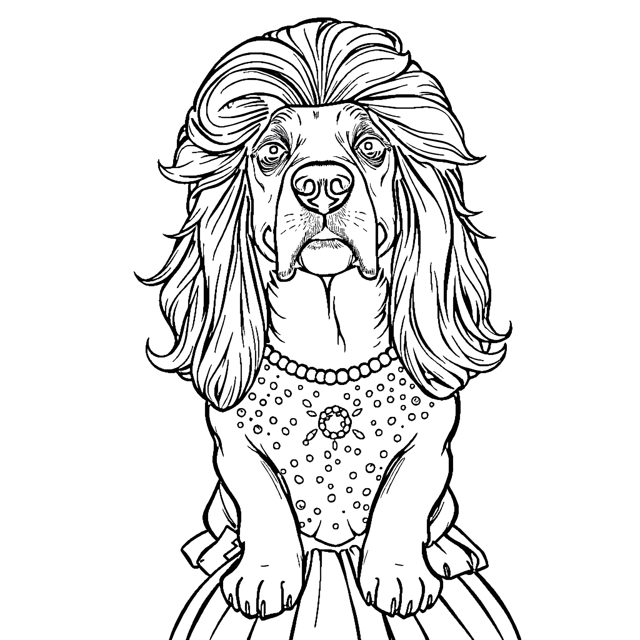 Basset Hound dressed in flamboyant attire Coloring Page (free black-and-white line drawing printable PDF for all, from beginners to advanced learners, including children, teens, adults, and seniors)