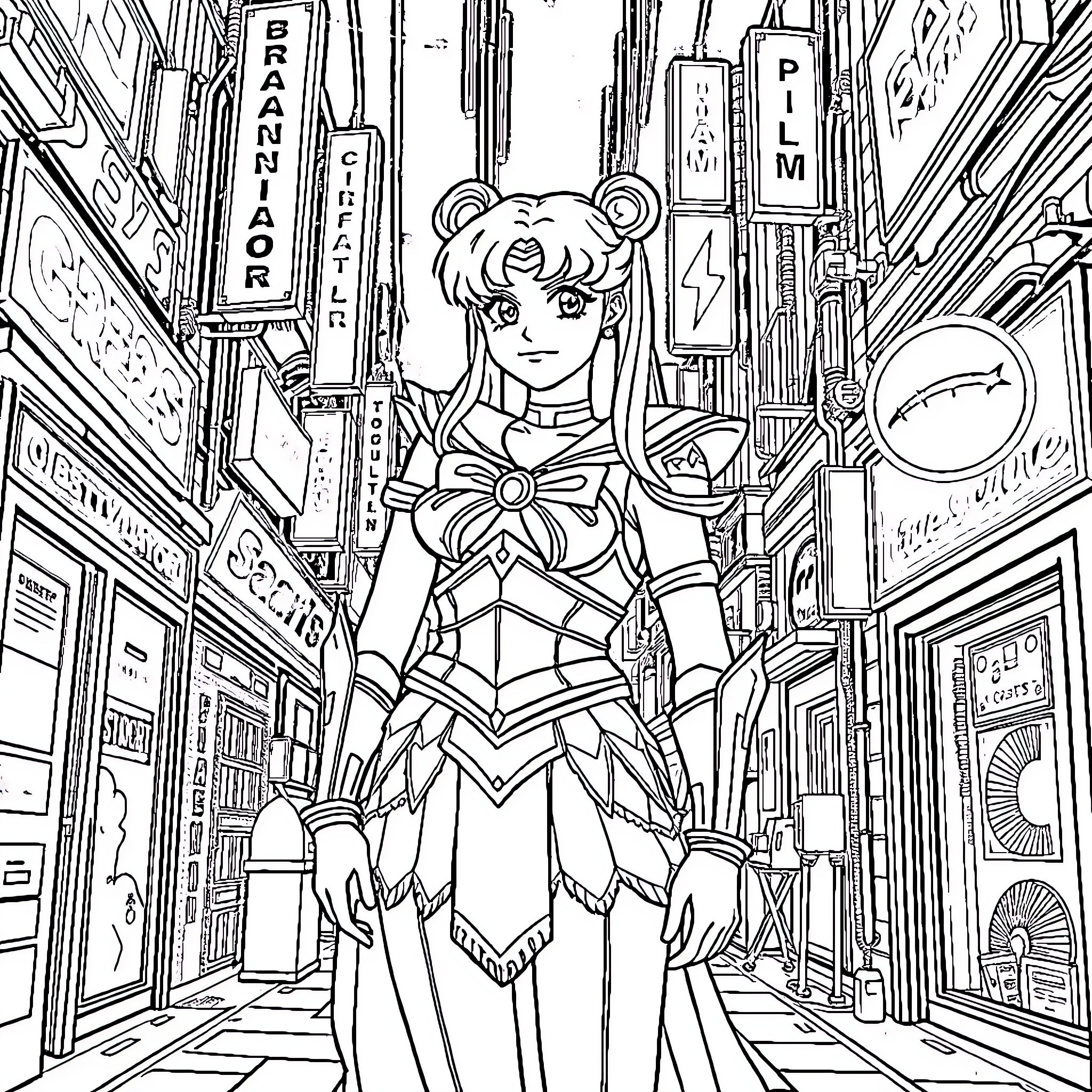 Sailor Moon in a Cityscape of Wonder Coloring Page (free black-and-white line drawing printable PDF for all, from beginners to advanced learners, including children, teens, adults, and seniors)