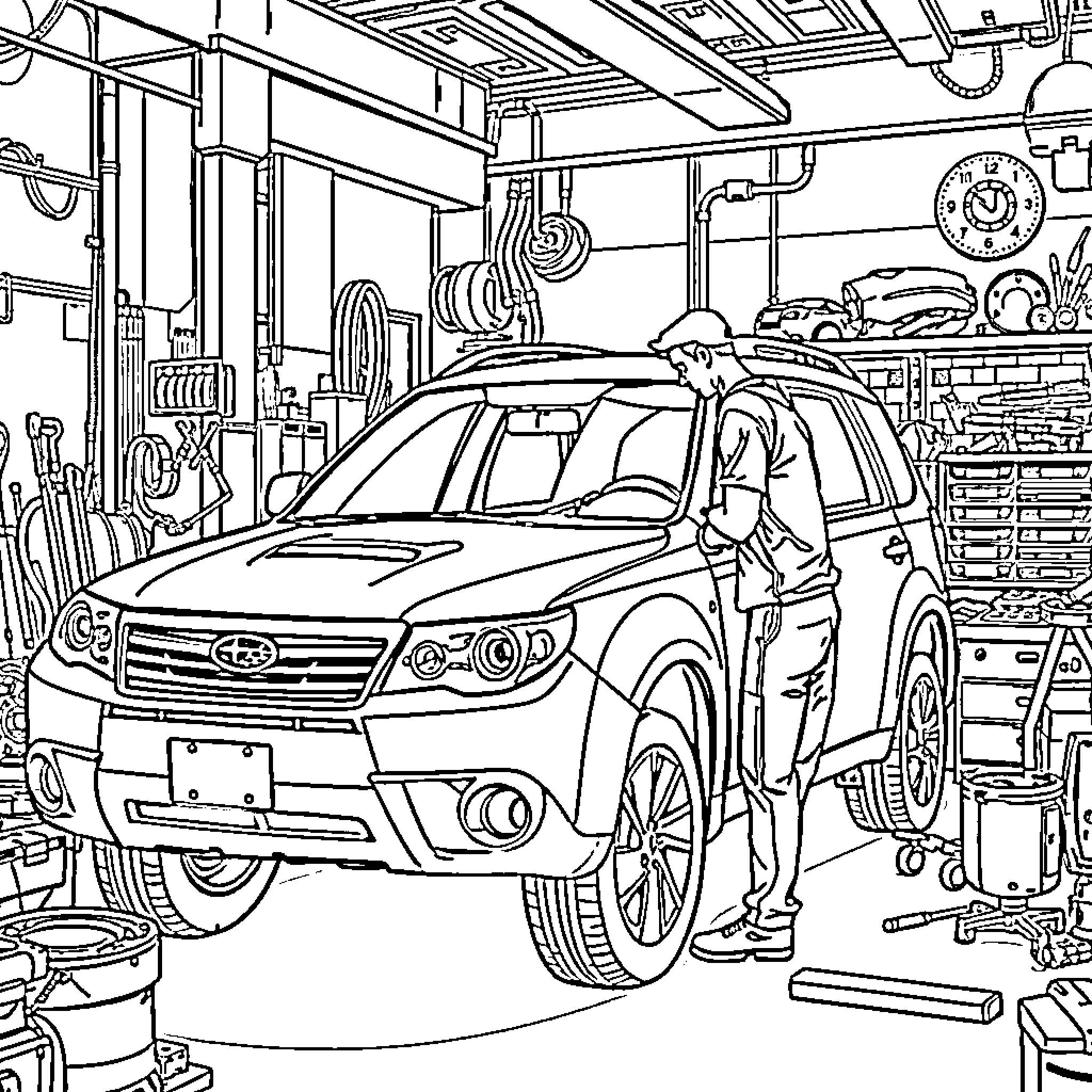 Subaru car under maintenance in auto repair shop Coloring Page (free black-and-white line drawing printable PDF for all, from beginners to advanced learners, including children, teens, adults, and seniors)