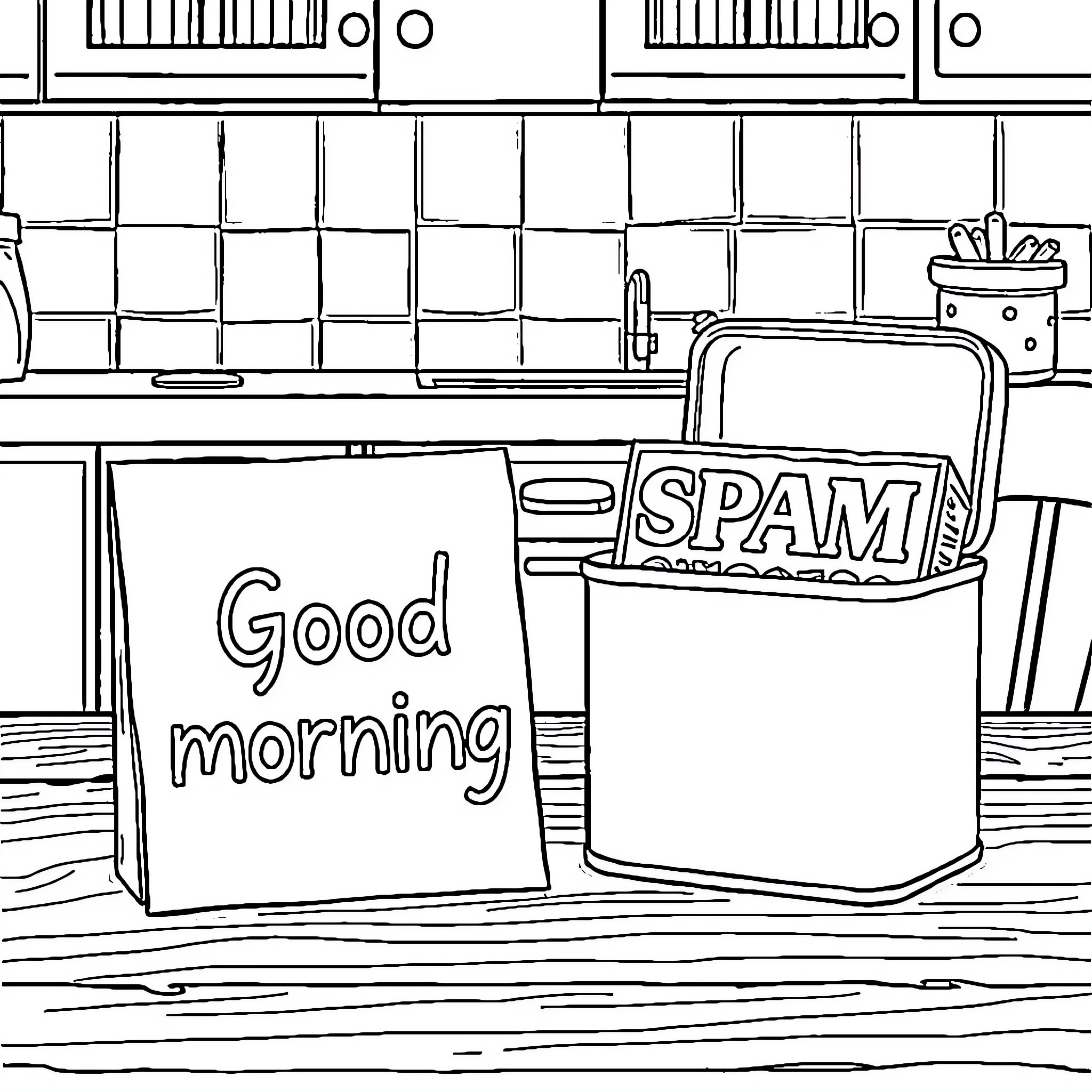 Spam Good morning in kitchen scene Coloring Page (free black-and-white line drawing printable PDF for all, from beginners to advanced learners, including children, teens, adults, and seniors)