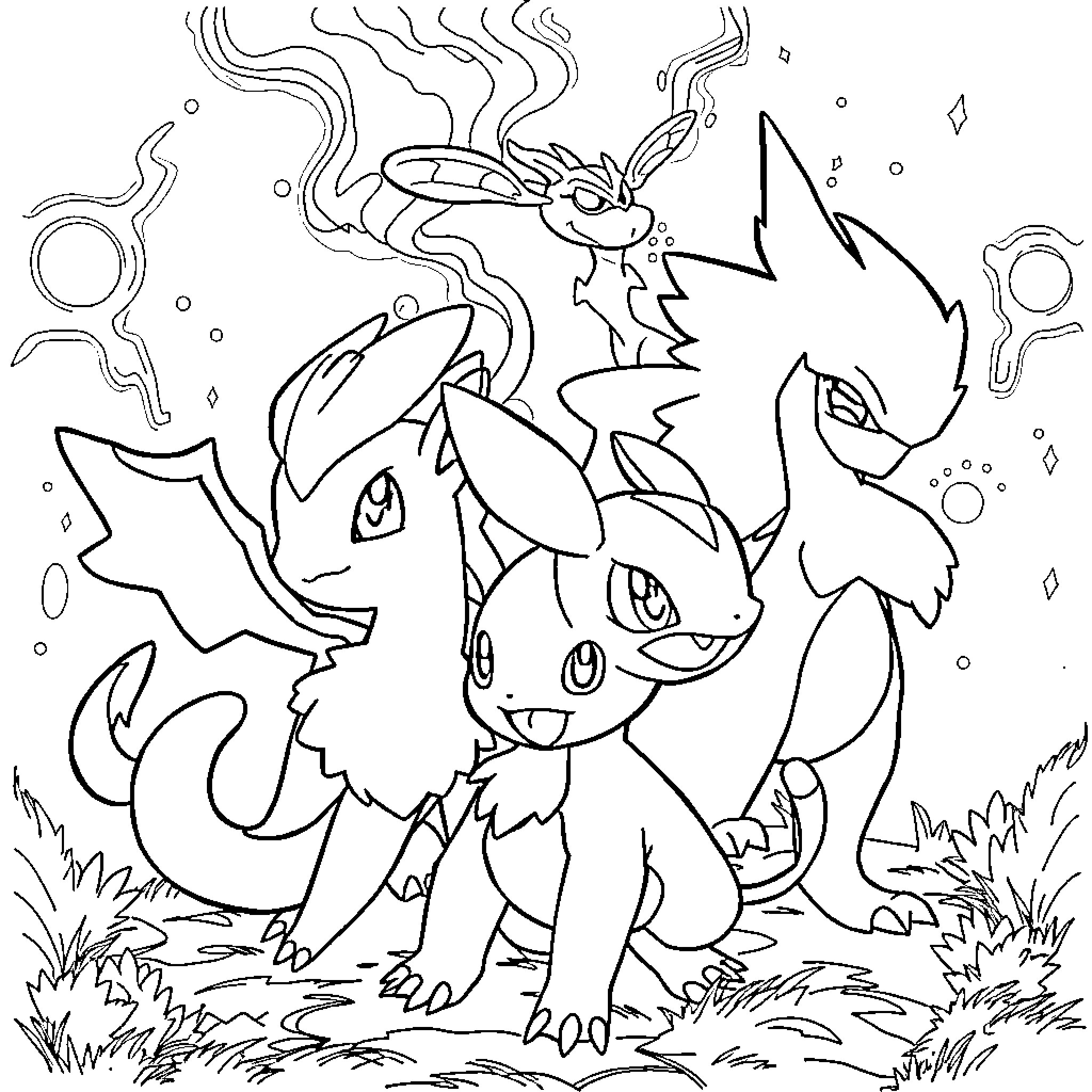 Pokémon characters in lively fantasy scene Coloring Page (free black-and-white line drawing printable PDF for all, from beginners to advanced learners, including children, teens, adults, and seniors)