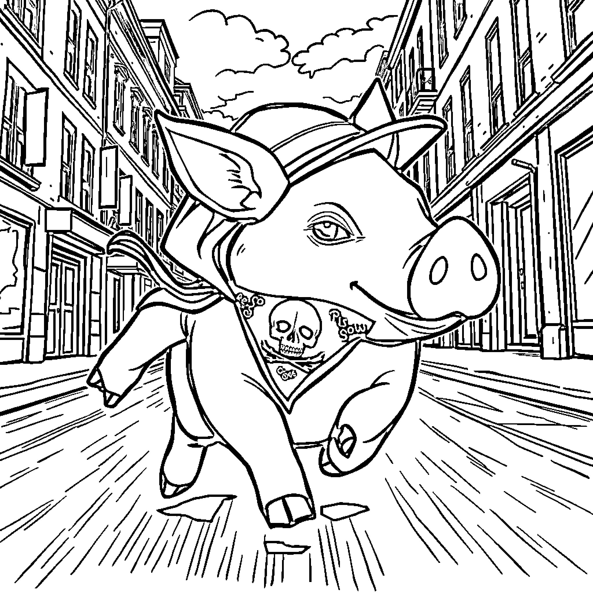 Pig rushing through the city streets Coloring Page (free black-and-white line drawing printable PDF for all, from beginners to advanced learners, including children, teens, adults, and seniors)