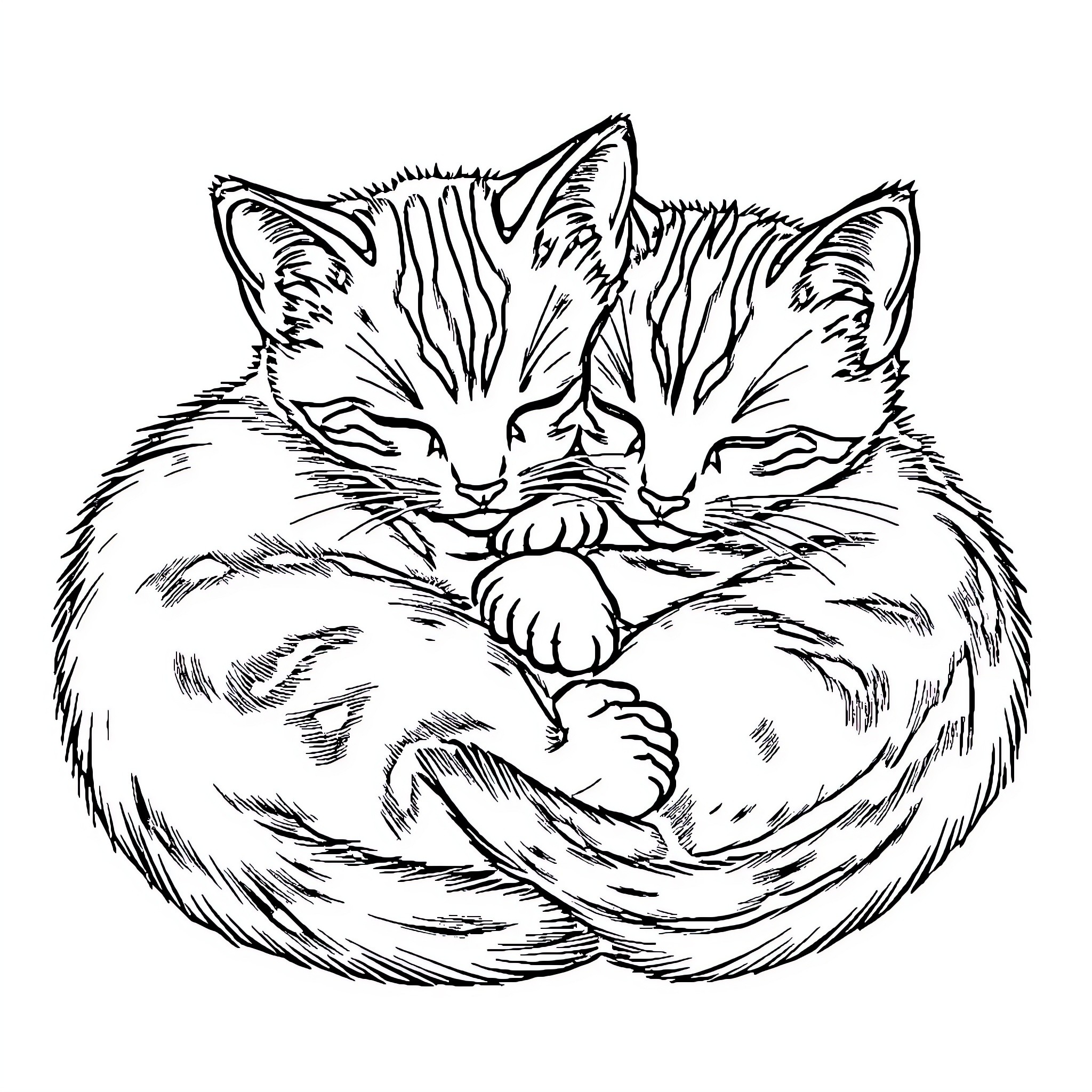 Kittens cuddling cozily in a ball Coloring Page (free black-and-white line drawing printable PDF for all, from beginners to advanced learners, including children, teens, adults, and seniors)