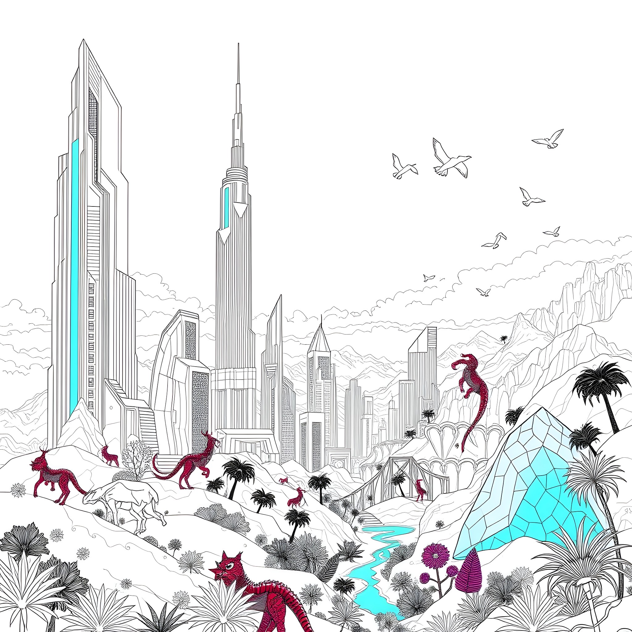 Fantasy City with Mysterious Creatures Coloring Page (free black-and-white line drawing printable PDF for all, from beginners to advanced learners, including children, teens, adults, and seniors)