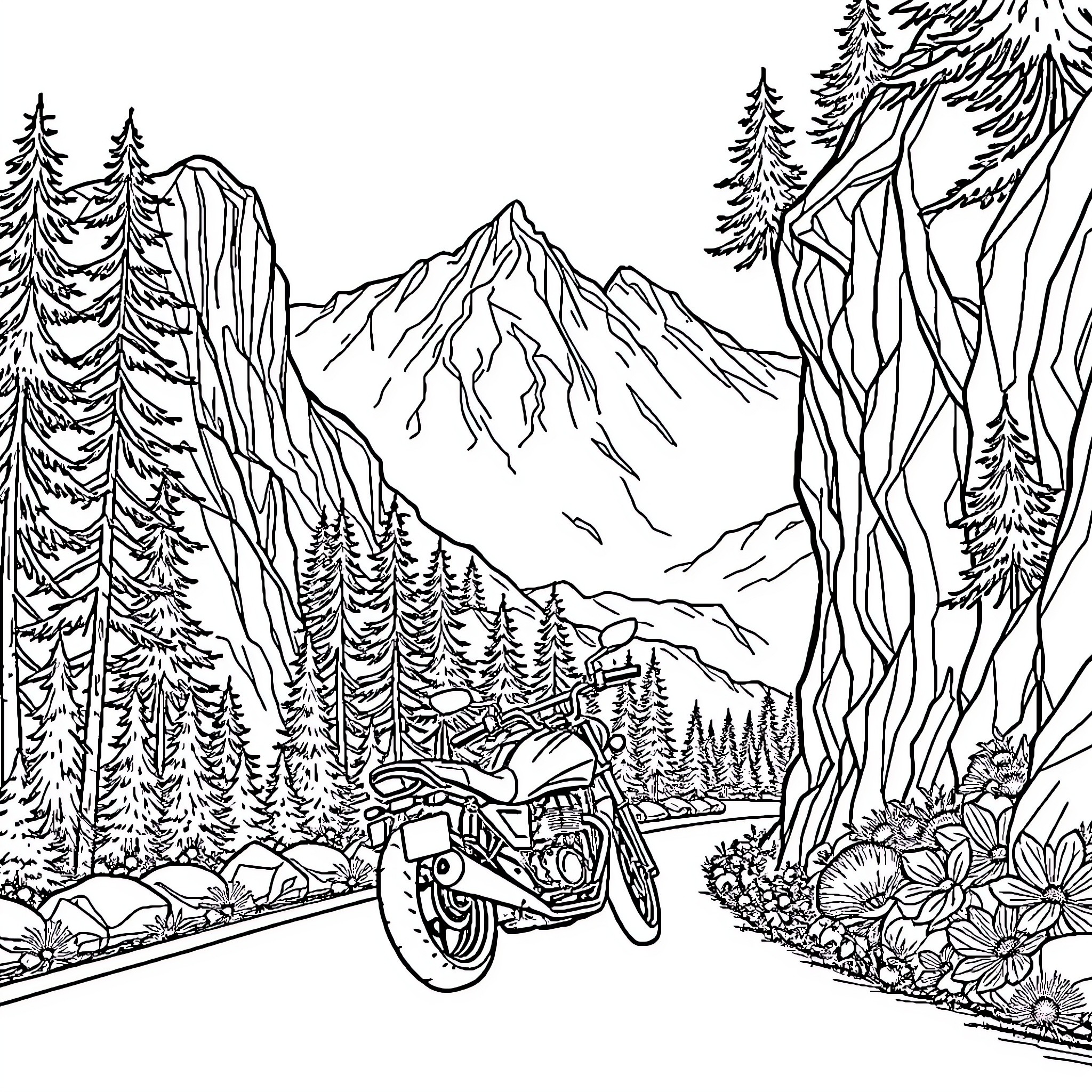 Motorcycle journey through the scenic mountain landscape Coloring Page (free black-and-white line drawing printable PDF for all, from beginners to advanced learners, including children, teens, adults, and seniors)