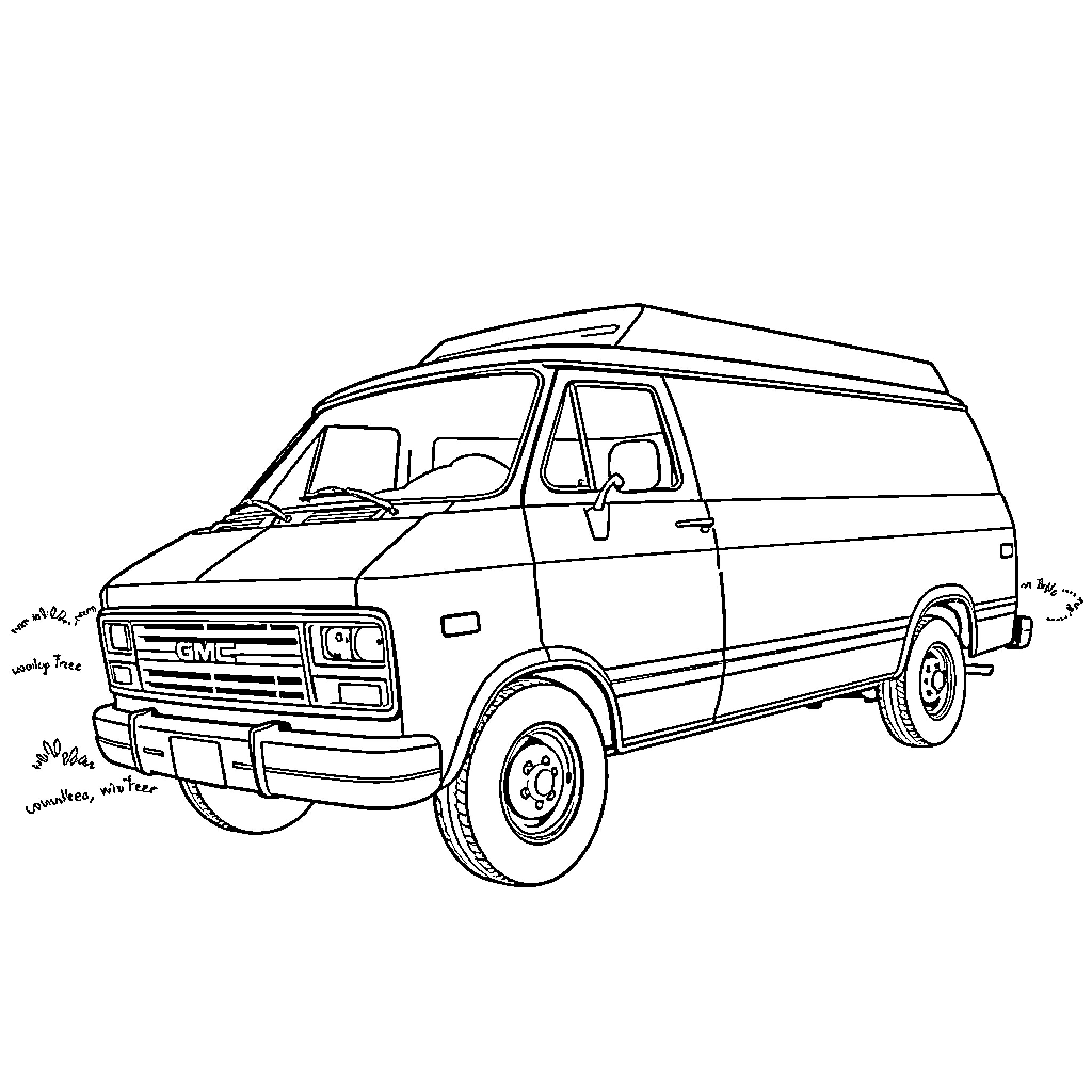 GMC Safari camper van on the road Coloring Page (free black-and-white line drawing printable PDF for all, from beginners to advanced learners, including children, teens, adults, and seniors)