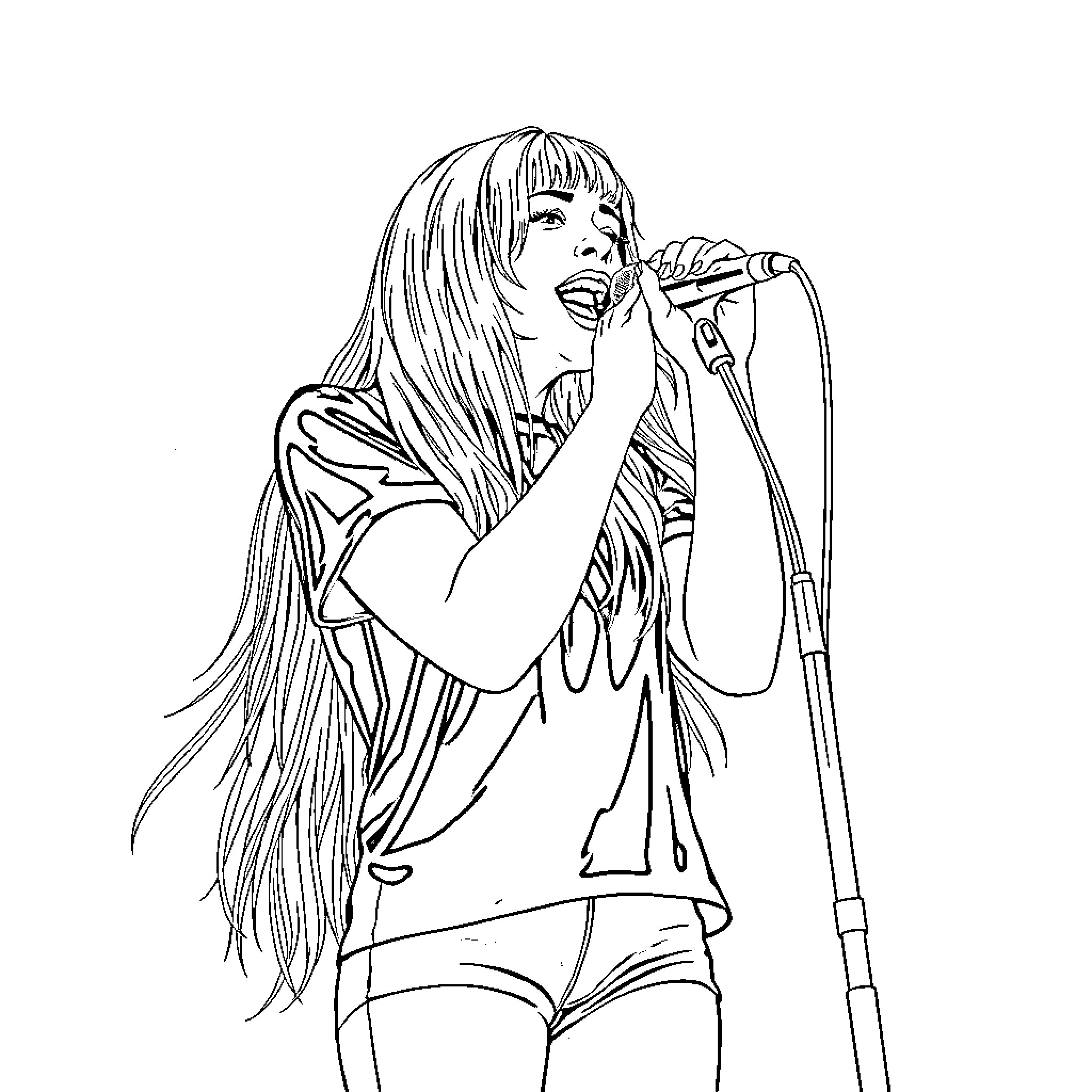 Billie Eilish Performing on Stage Coloring Page (free black-and-white line drawing printable PDF for all, from beginners to advanced learners, including children, teens, adults, and seniors)