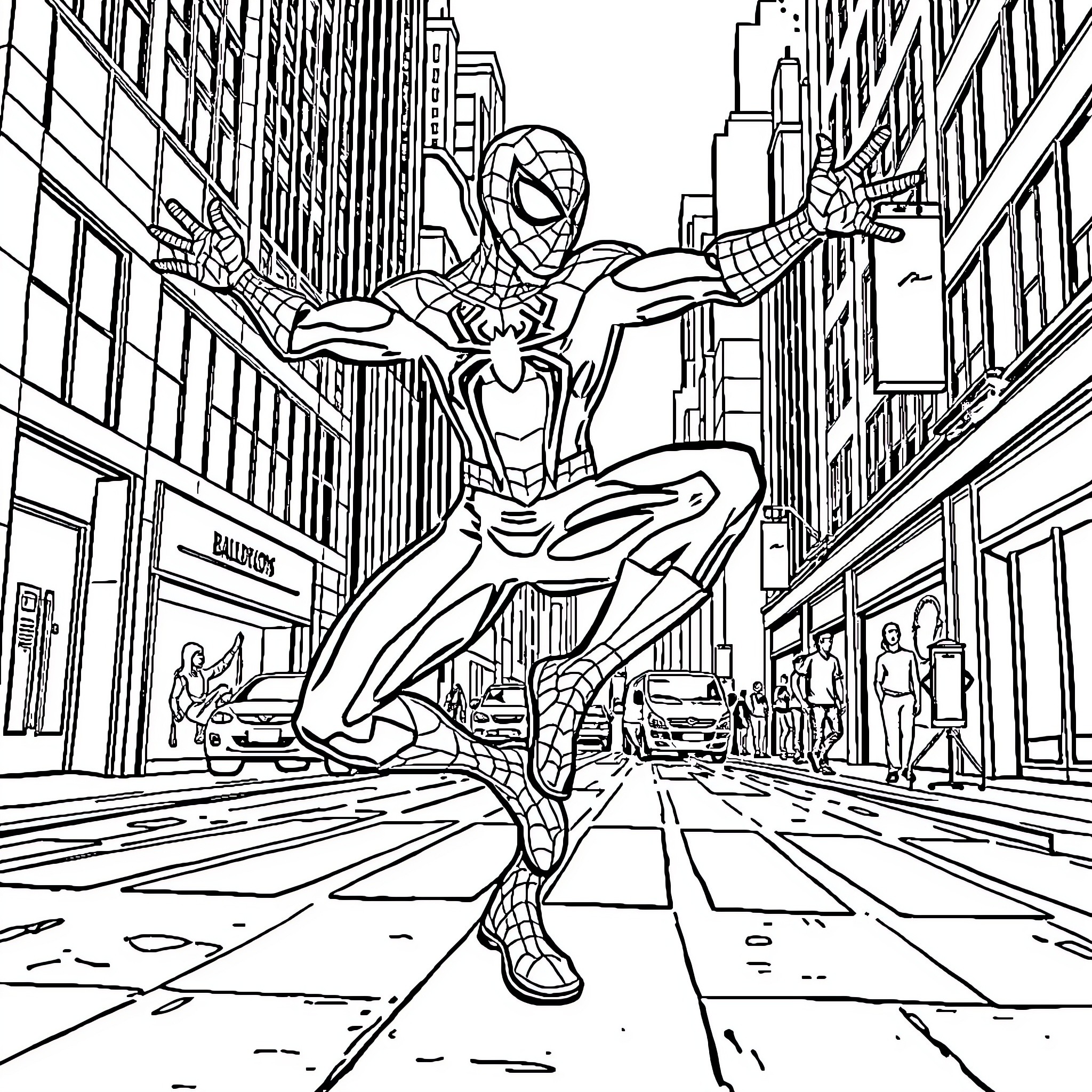 Spiderman swinging through the city streets Coloring Page (free black-and-white line drawing printable PDF for all, from beginners to advanced learners, including children, teens, adults, and seniors)