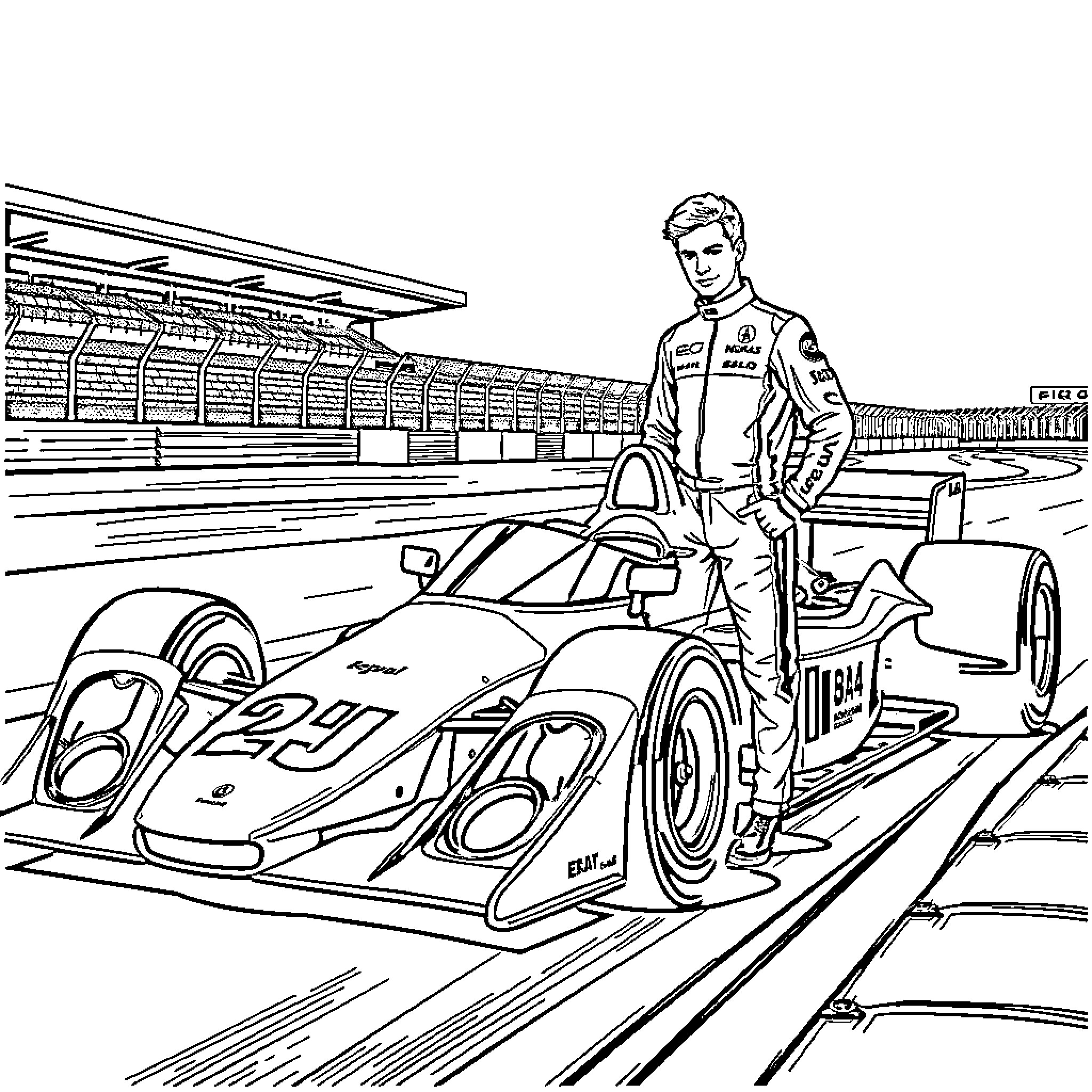 George Russell prepares for race in sleek racing car Coloring Page (free black-and-white line drawing printable PDF for all, from beginners to advanced learners, including children, teens, adults, and seniors)