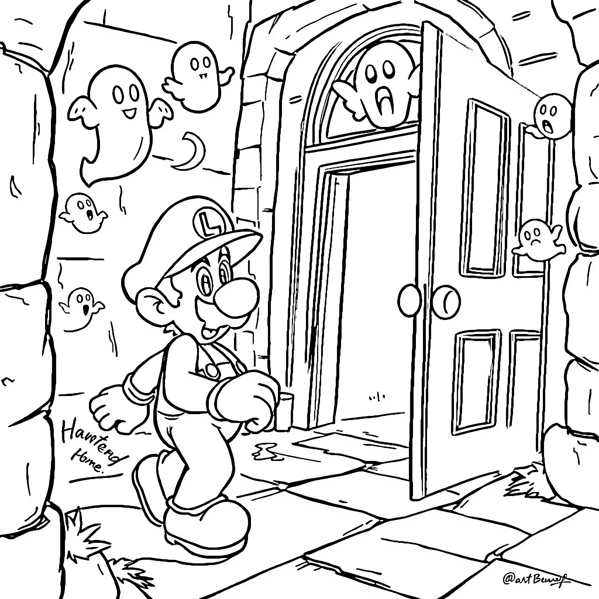 Luigi's Spooky Adventure Coloring Page (free black-and-white line drawing printable PDF for all, from beginners to advanced learners, including children, teens, adults, and seniors)