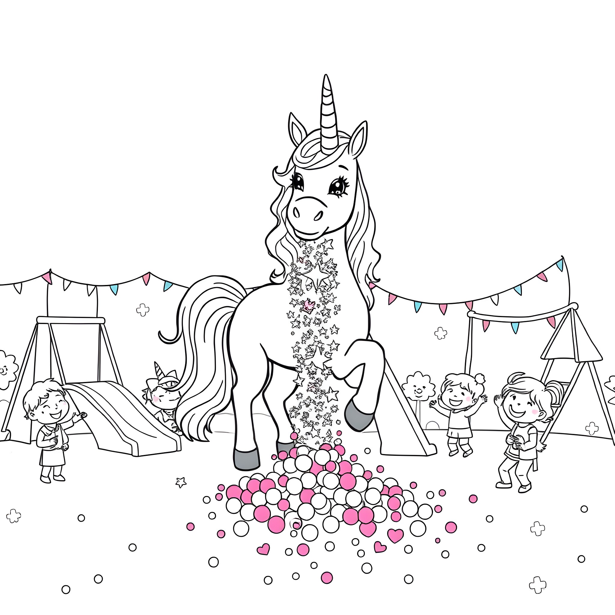 Unicorn surrounded by cheerful children at a carnival Coloring Page (free black-and-white line drawing printable PDF for all, from beginners to advanced learners, including children, teens, adults, and seniors)