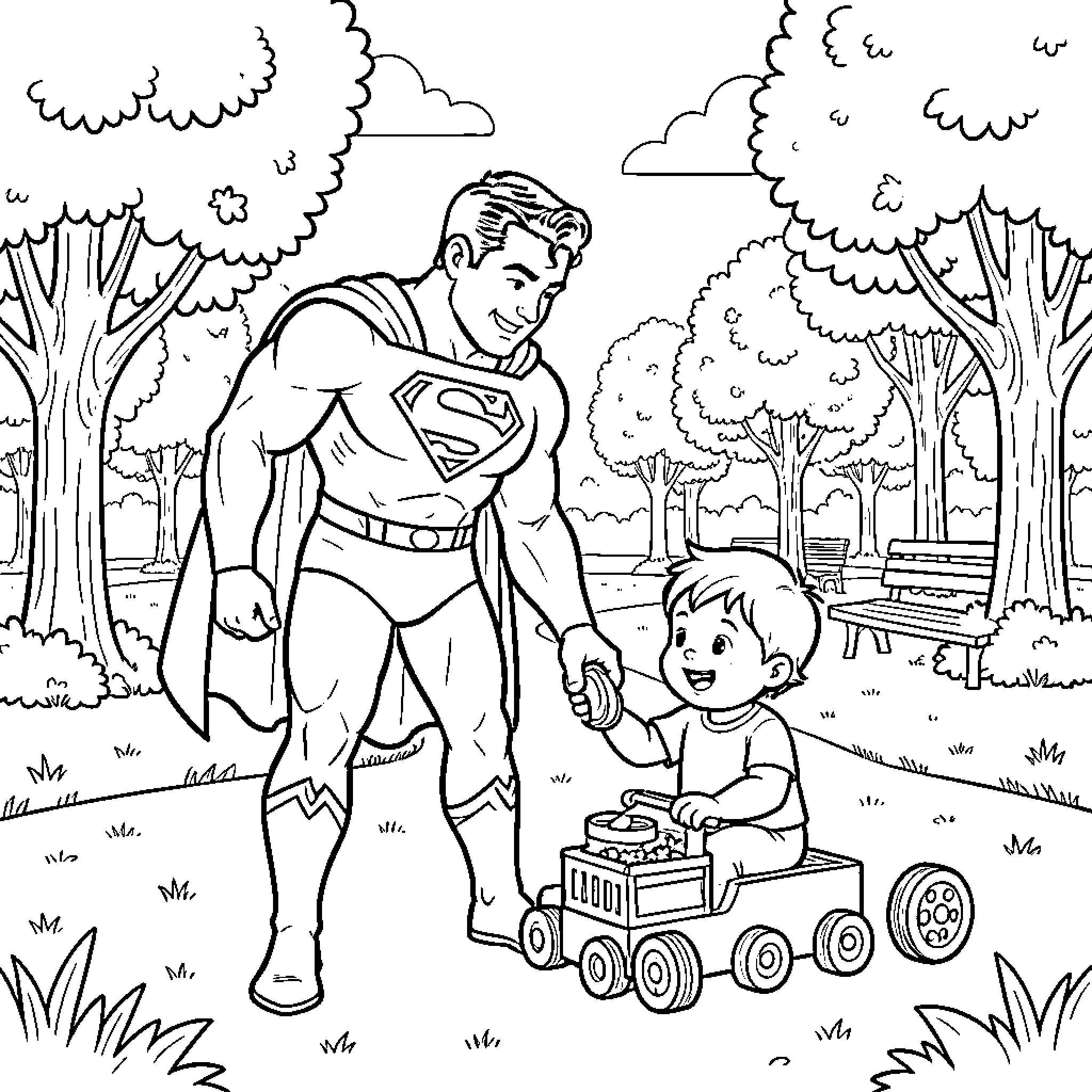 Superman playing with a young child in a park Coloring Page (free black-and-white line drawing printable PDF for all, from beginners to advanced learners, including children, teens, adults, and seniors)