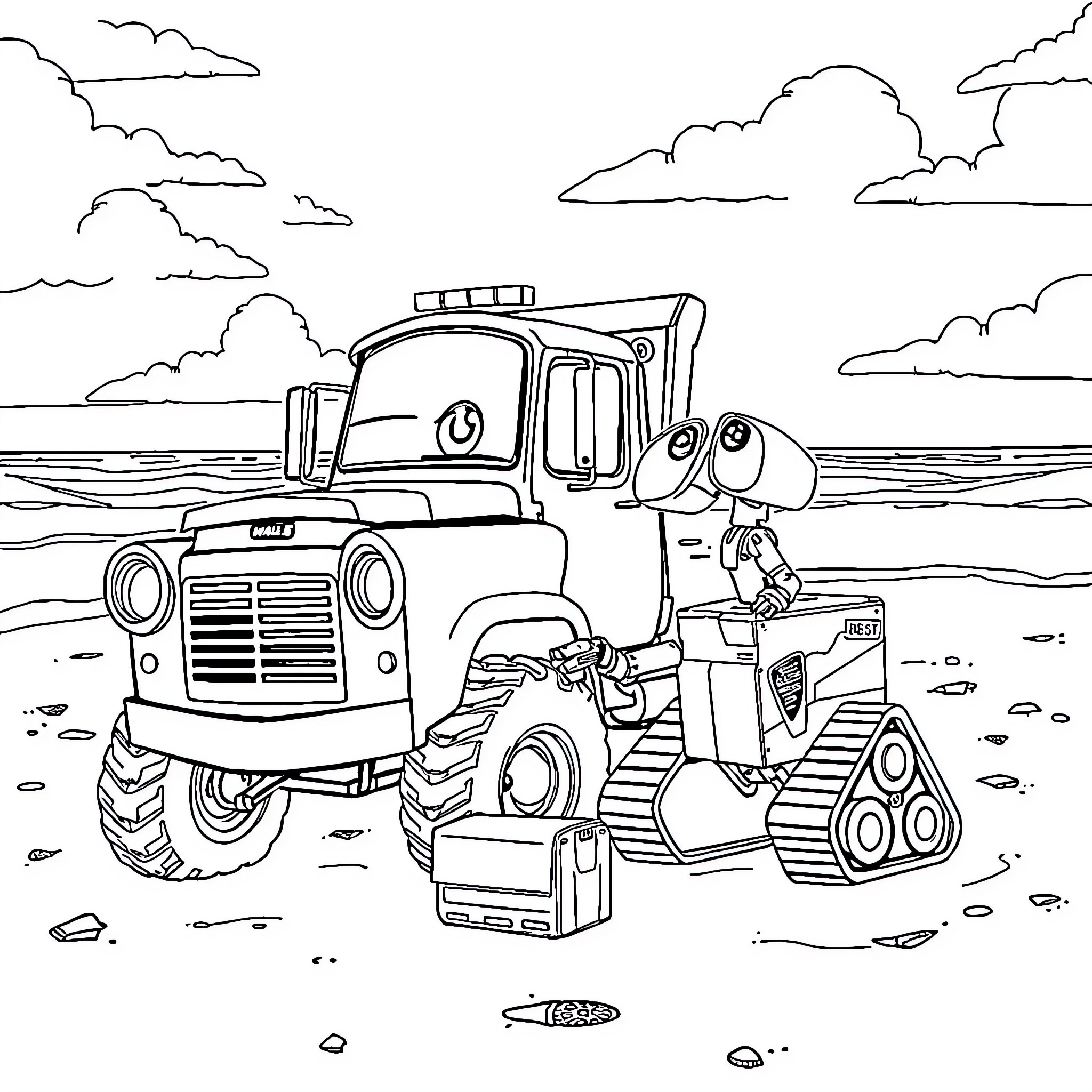 Mater working hard on the construction site Coloring Page (free black-and-white line drawing printable PDF for all, from beginners to advanced learners, including children, teens, adults, and seniors)