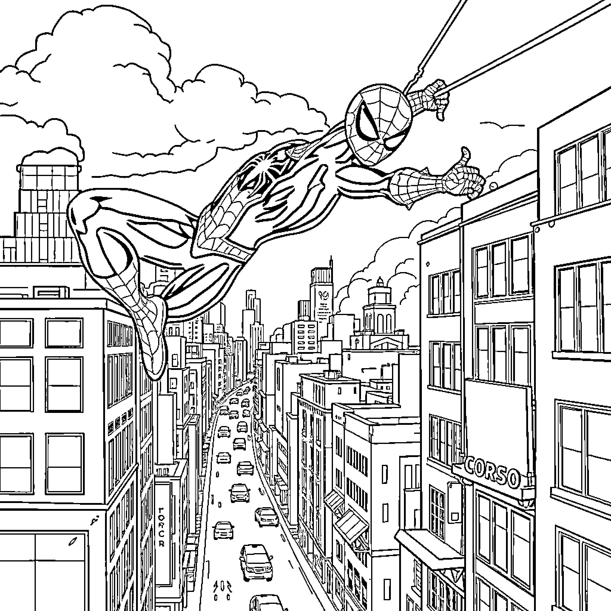 Spiderman swinging through the city skyline Coloring Page (free black-and-white line drawing printable PDF for all, from beginners to advanced learners, including children, teens, adults, and seniors)