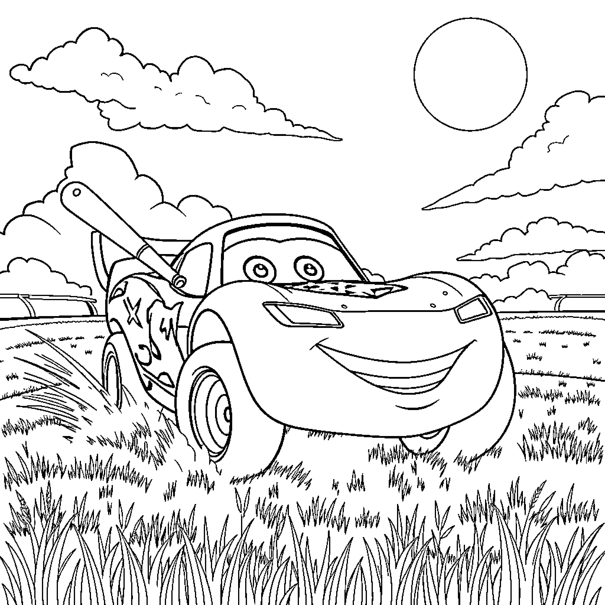Lightning McQueen in a scenic outdoor setting Coloring Page (free black-and-white line drawing printable PDF for all, from beginners to advanced learners, including children, teens, adults, and seniors)