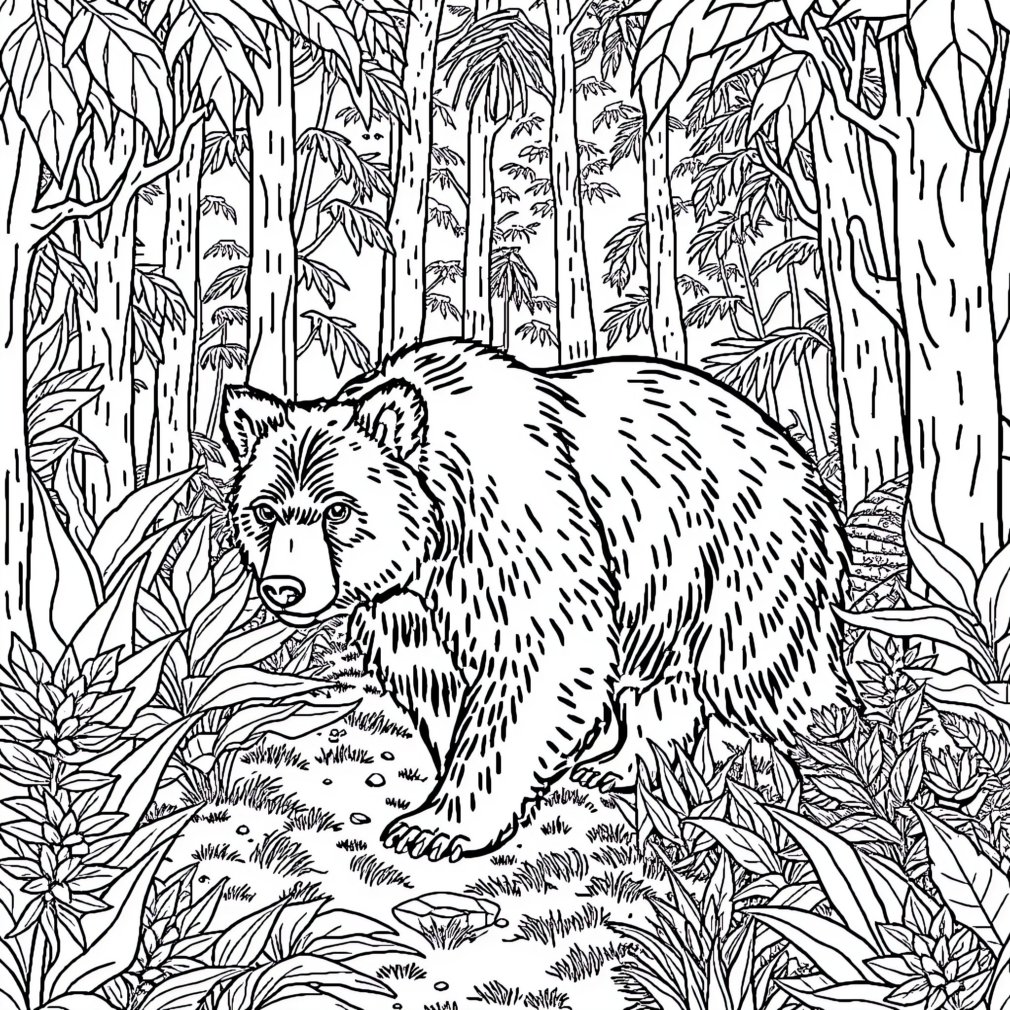 Bear exploring lush jungle landscape Coloring Page (free black-and-white line drawing printable PDF for all, from beginners to advanced learners, including children, teens, adults, and seniors)