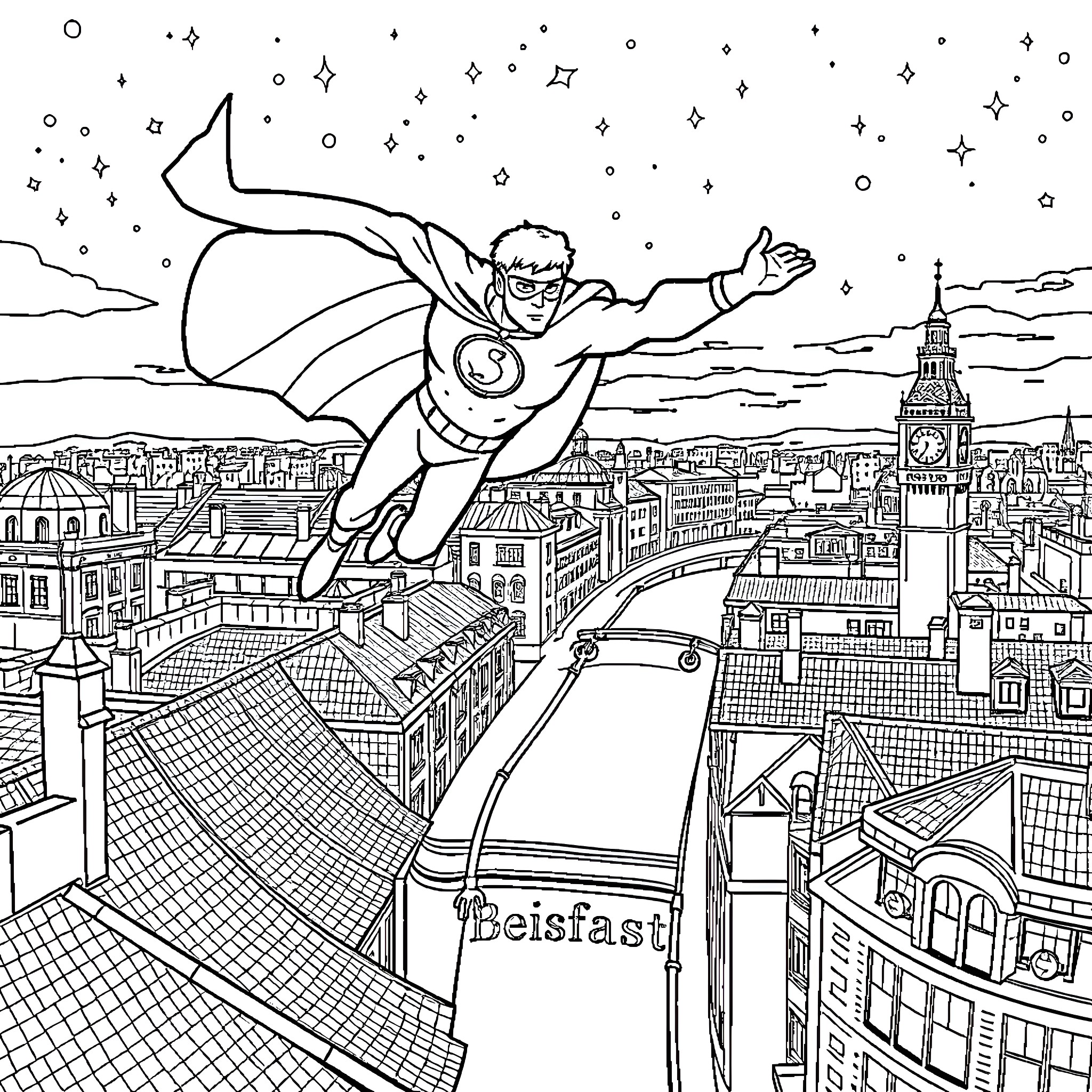 Superhero soaring over the city skyline Coloring Page (free black-and-white line drawing printable PDF for all, from beginners to advanced learners, including children, teens, adults, and seniors)