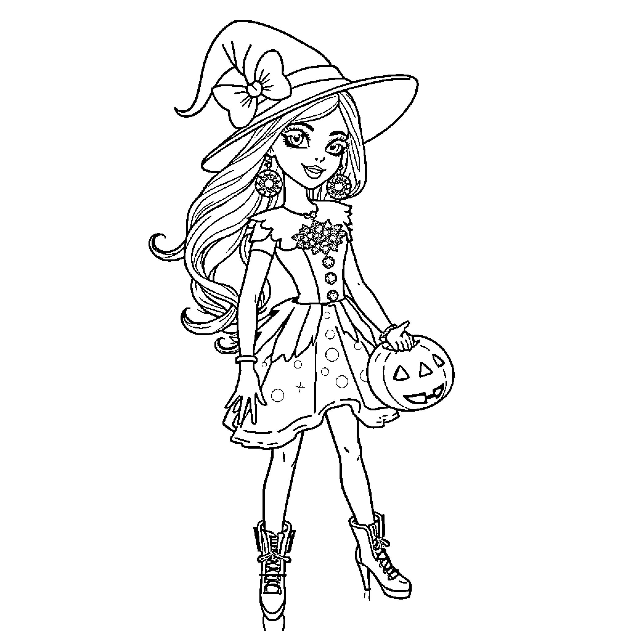 Barbie as a Costumed Witch with Pumpkin Bag Coloring Page (free black-and-white line drawing printable PDF for all, from beginners to advanced learners, including children, teens, adults, and seniors)
