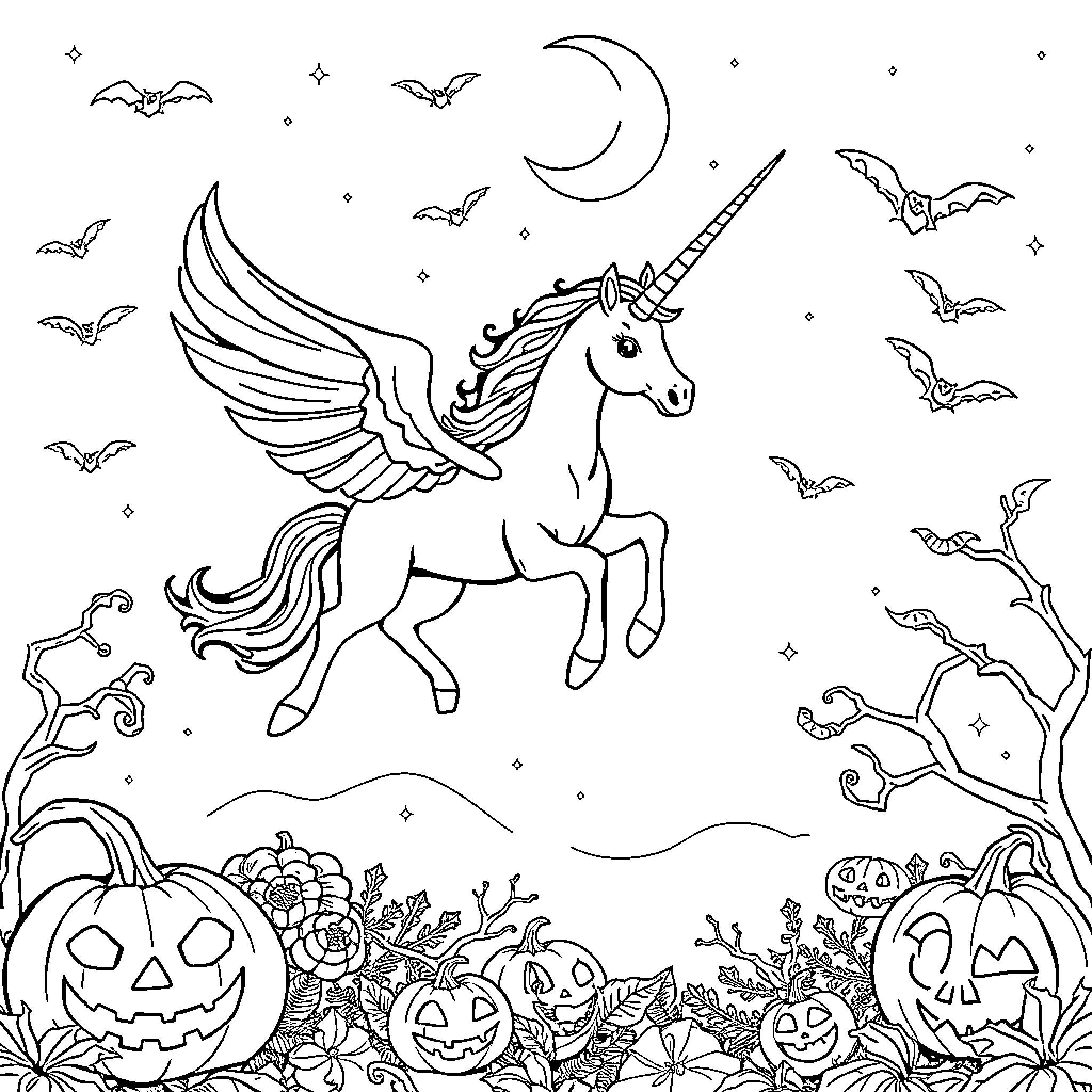 Unicorn flying over Halloween pumpkins and bats Coloring Page (free black-and-white line drawing printable PDF for all, from beginners to advanced learners, including children, teens, adults, and seniors)