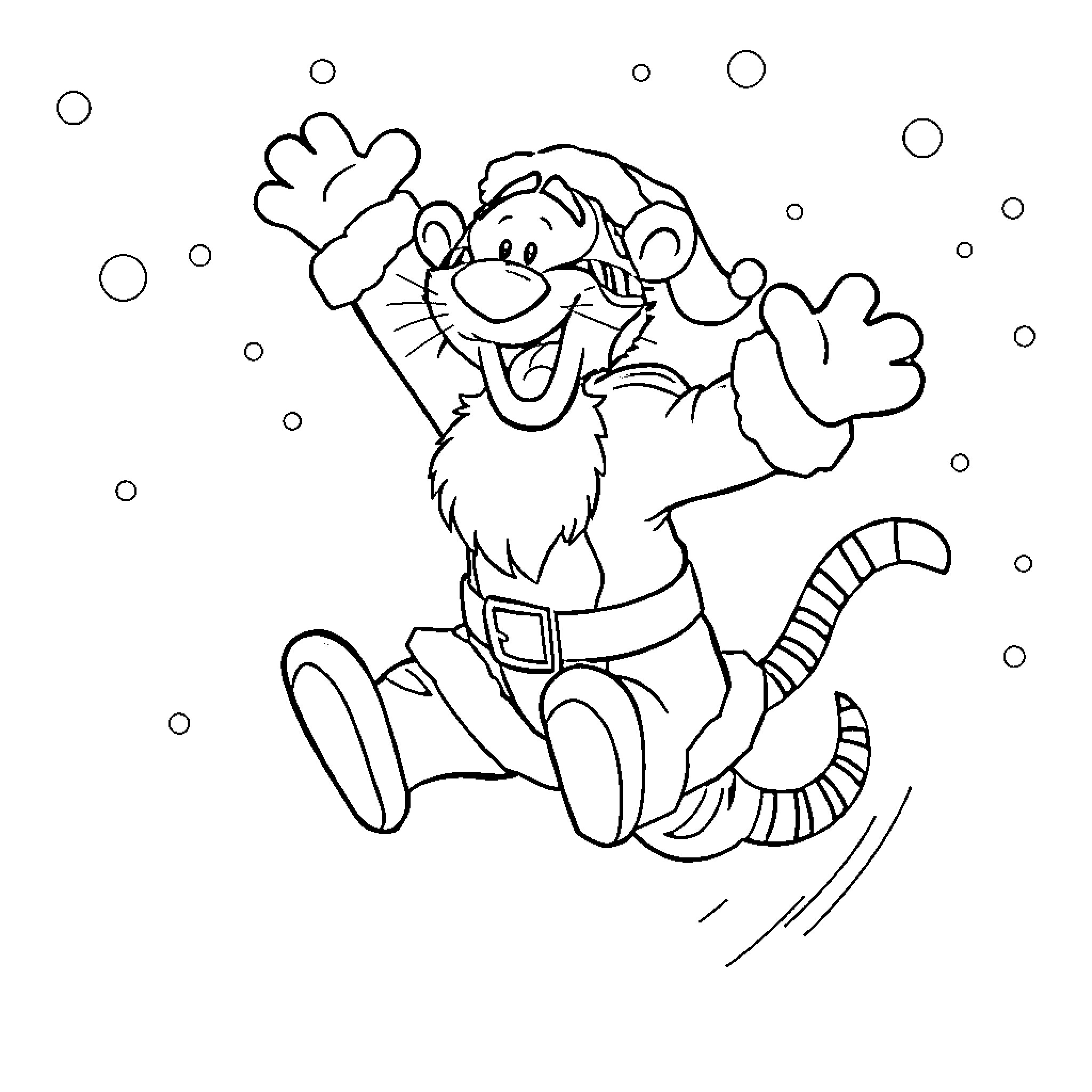 Tigger playing joyfully in the snow Coloring Page (free black-and-white line drawing printable PDF for all, from beginners to advanced learners, including children, teens, adults, and seniors)