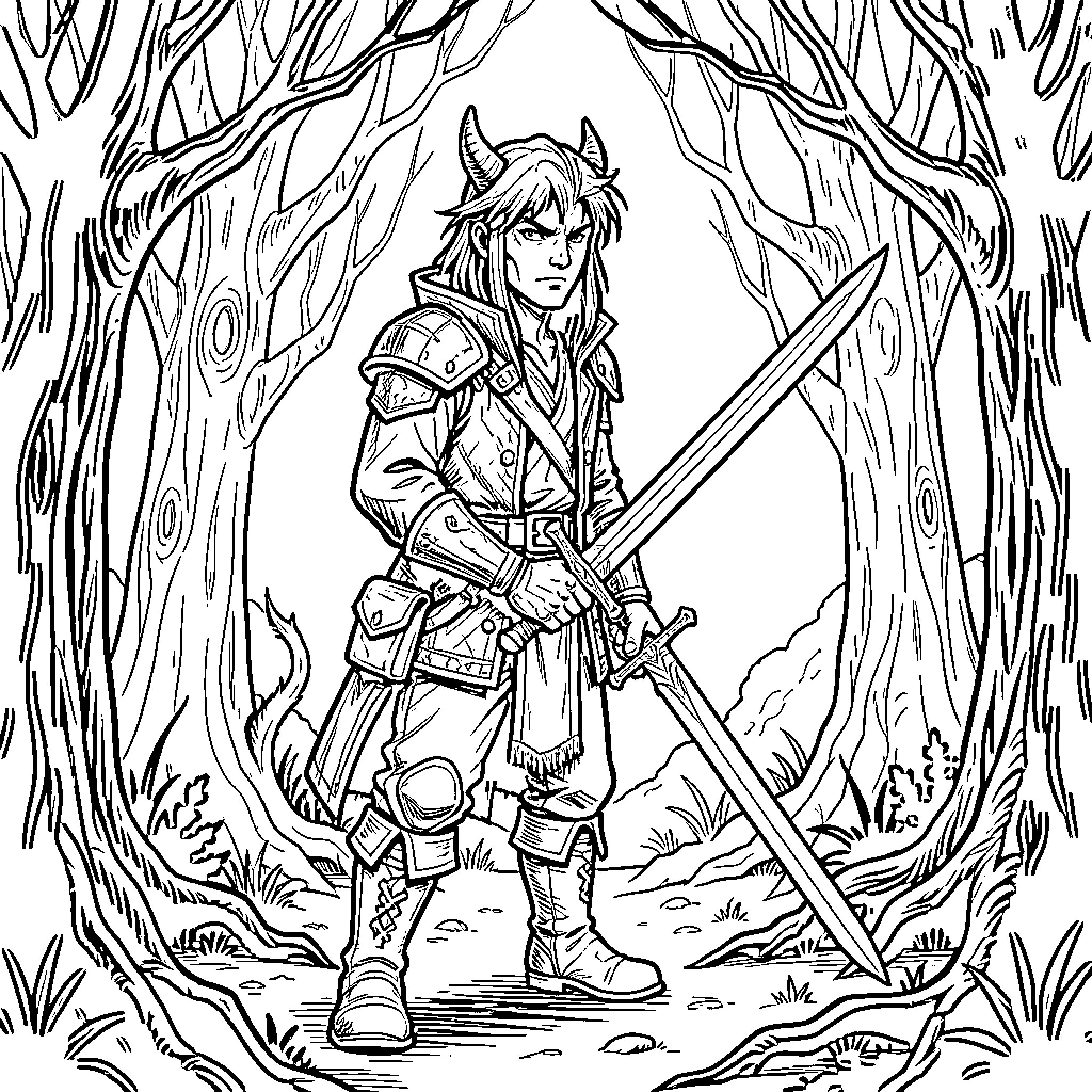 Demon Hunter on a Shadowy Forest Path Coloring Page (free black-and-white line drawing printable PDF for all, from beginners to advanced learners, including children, teens, adults, and seniors)