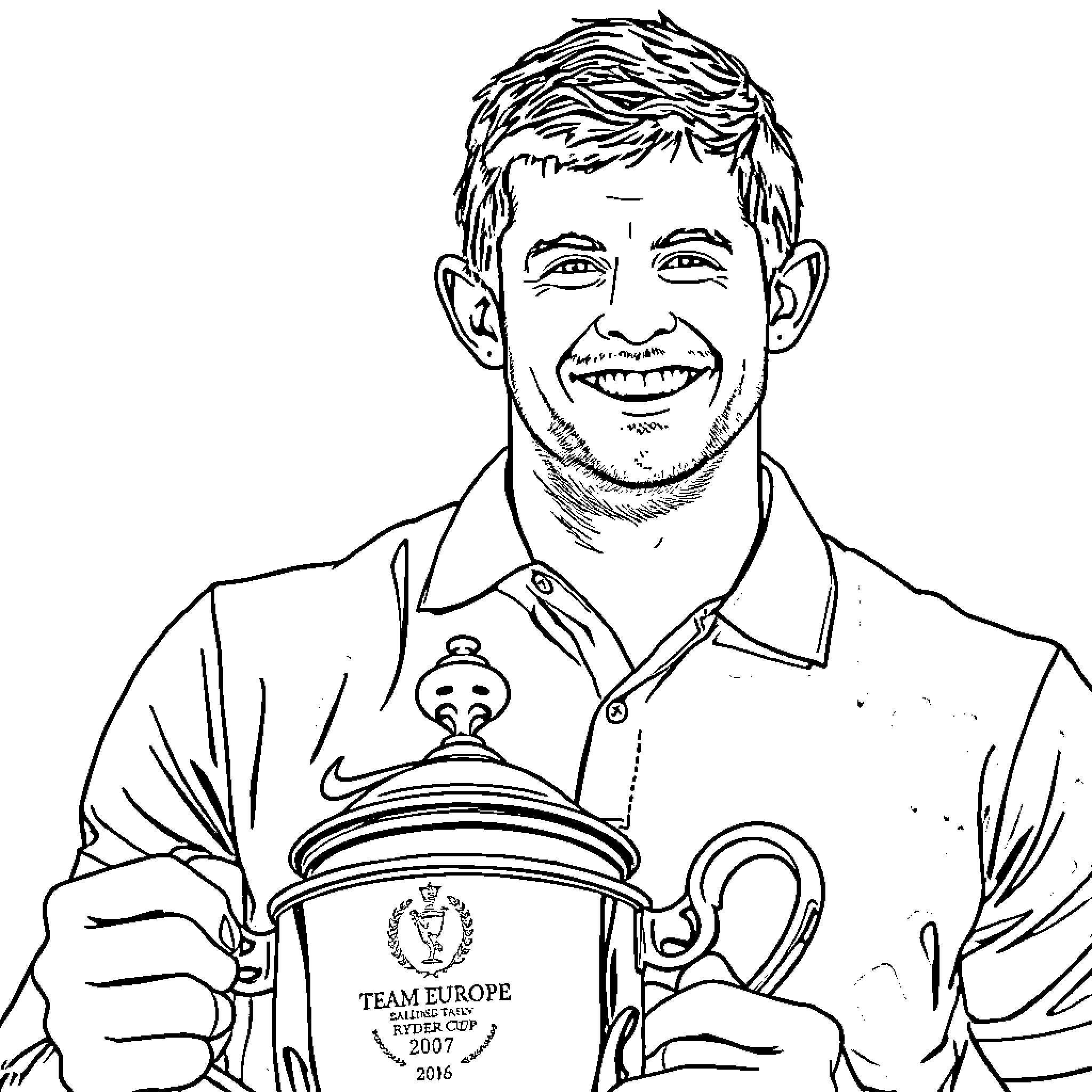 Rory McIlroy holding trophy after victory Coloring Page (free black-and-white line drawing printable PDF for all, from beginners to advanced learners, including children, teens, adults, and seniors)