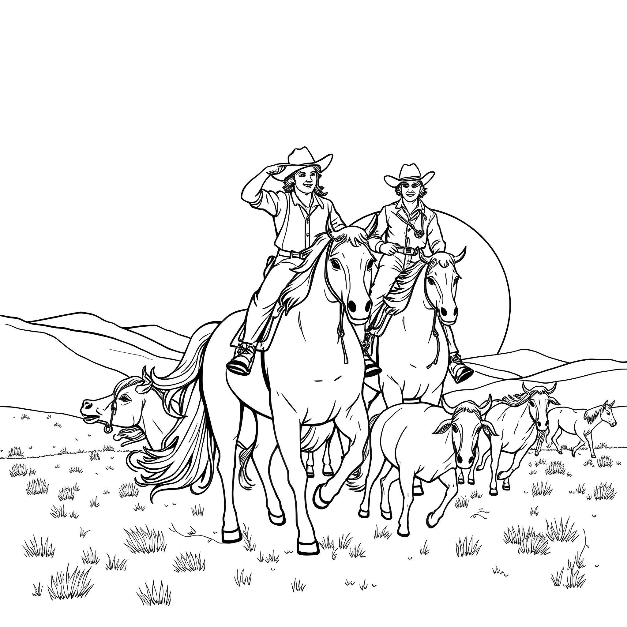 Cowboy Duo Herding Cattle in the Rugged Landscape Coloring Page (free black-and-white line drawing printable PDF for all, from beginners to advanced learners, including children, teens, adults, and seniors)