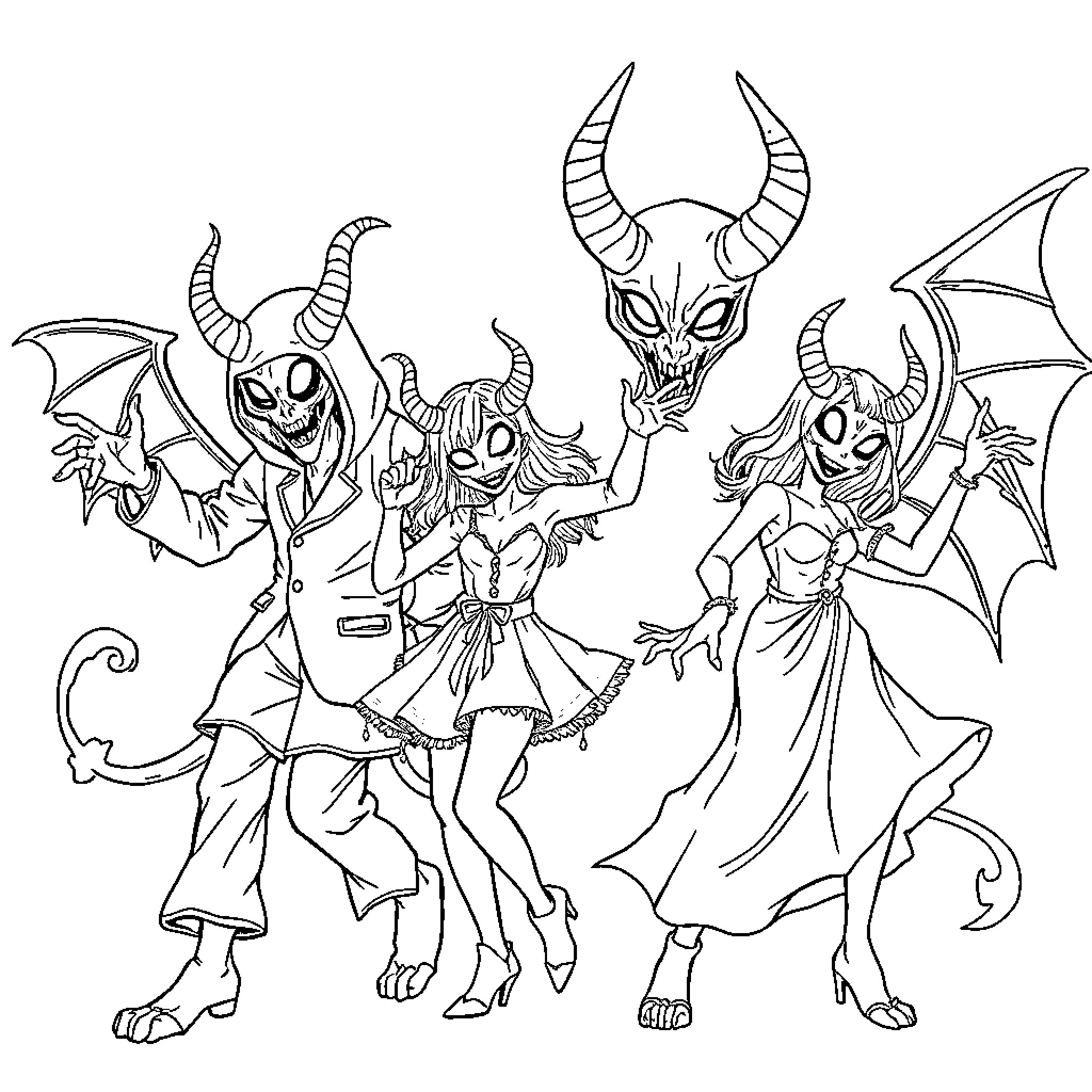 Demon Parade of Monstrous Creatures Coloring Page (free black-and-white line drawing printable PDF for all, from beginners to advanced learners, including children, teens, adults, and seniors)
