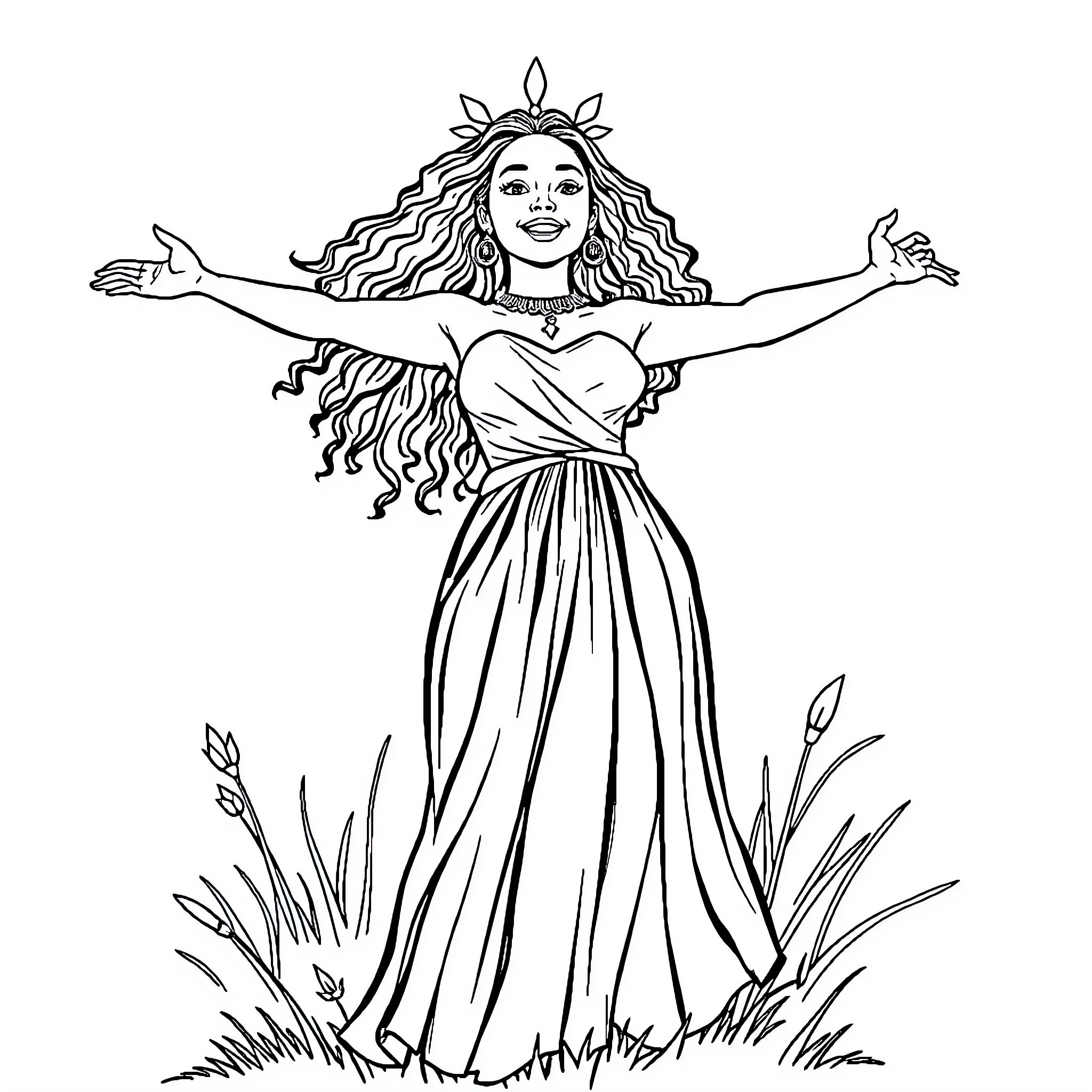Watnita Woman Embracing Nature's Serenity Coloring Page (free black-and-white line drawing printable PDF for all, from beginners to advanced learners, including children, teens, adults, and seniors)