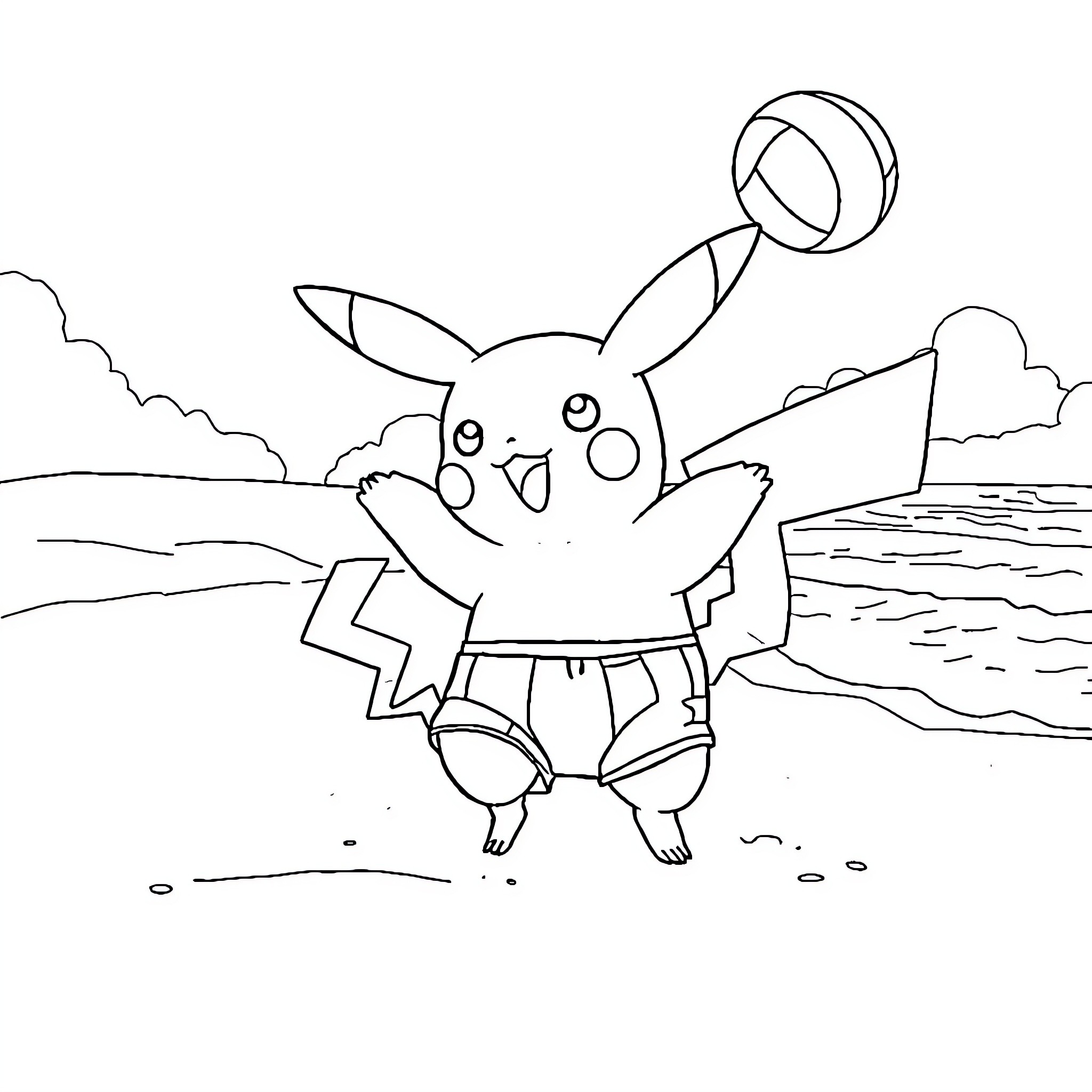 Pikachu enjoying a day at the beach Coloring Page (free black-and-white line drawing printable PDF for all, from beginners to advanced learners, including children, teens, adults, and seniors)