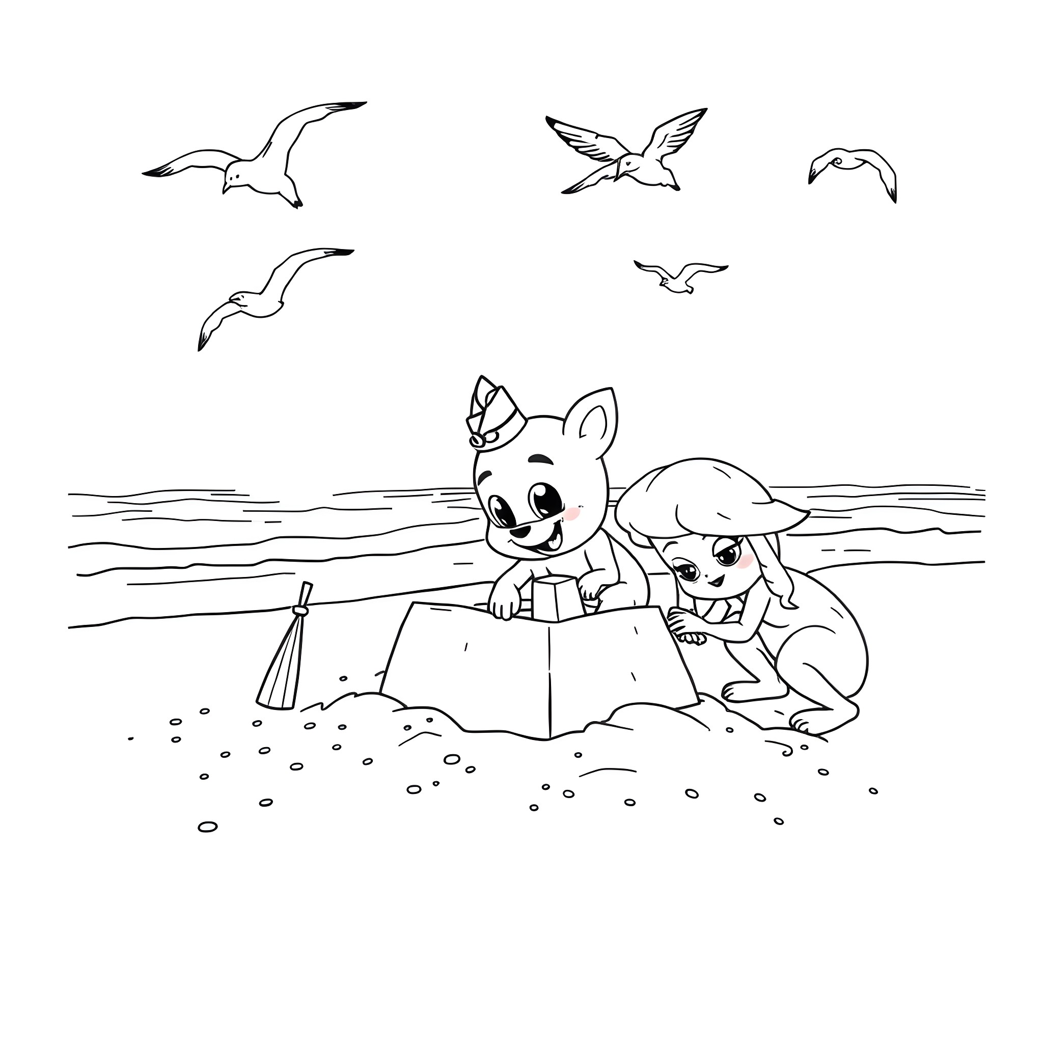 Bluey and Bingo playing at the beach Coloring Page (free black-and-white line drawing printable PDF for all, from beginners to advanced learners, including children, teens, adults, and seniors)